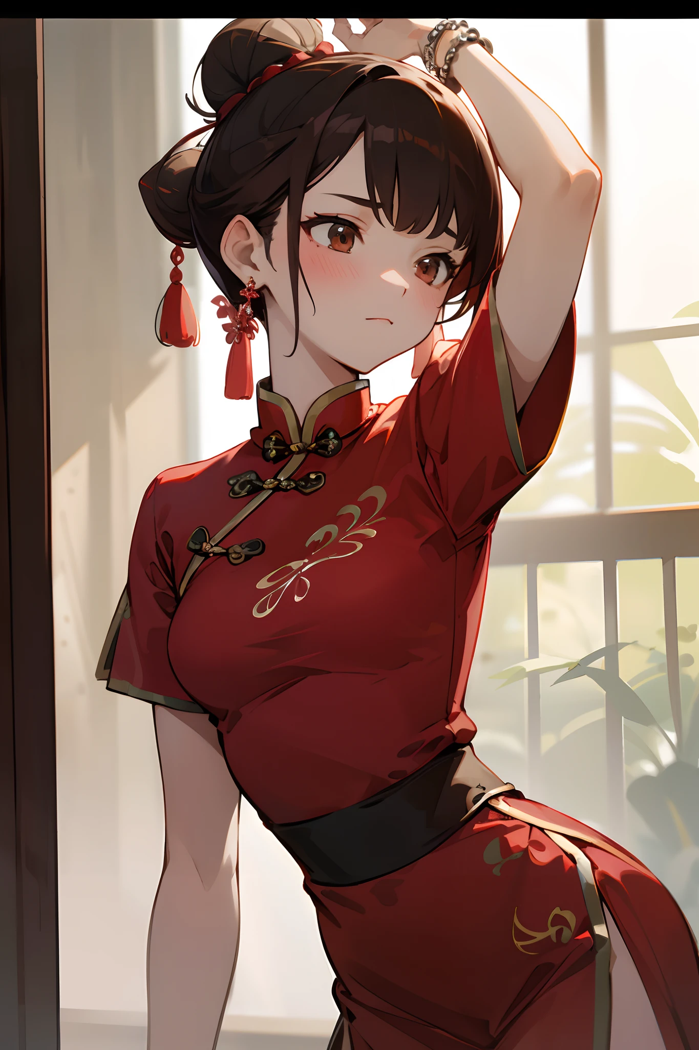 1girl, jewelry, chinese clothes, solo, china dress, dress, earrings, hair bun, red dress, short sleeves, blush, single hair bun, breasts, letterboxed, bracelet, closed mouth, brown hair, arm up, flower, short hair, medium breasts, indoors, looking away, window,