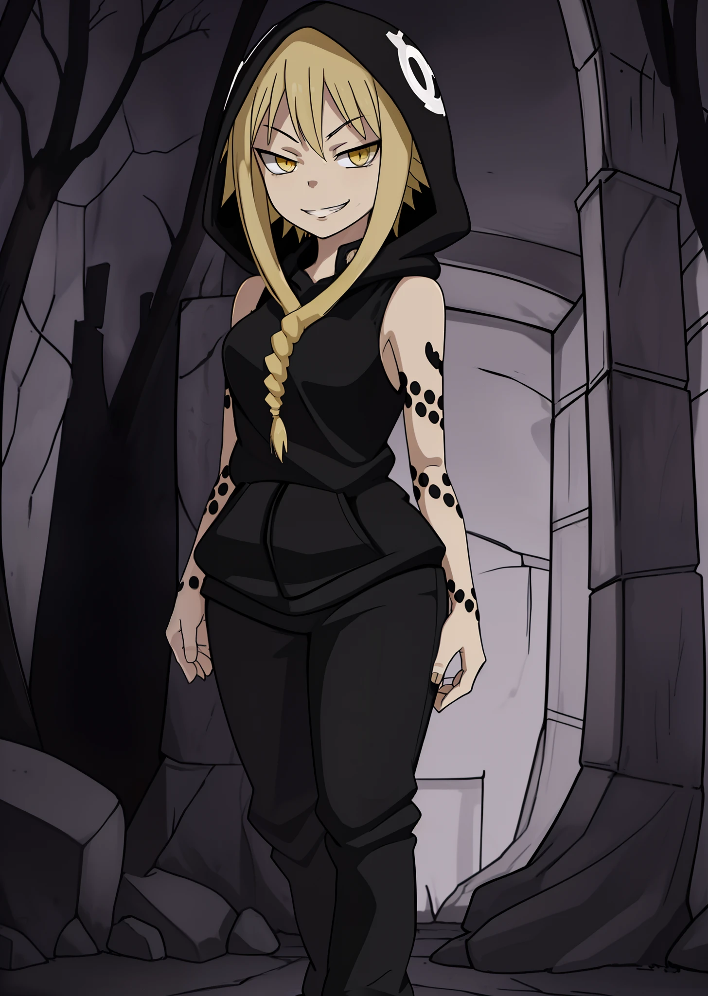 [medusa gorgon], [soul eater], [Uploaded to rule34.xxx; (kingmaster), (shosho_oekaki), (neko****sama)], ((masterpiece)), ((HD)), ((detailed shading)), ((1girl)), ((solo portrait)), ((front view)), ((full body)), ((feet visible)), ((cute anime girl)), {(athletic figure), (blonde noose hair), (cute yellow eyes), (half-closed eyes), (gorgeous hips), (beautiful feet), (smug grin)}, {(black sleeveless hoodie), (black pants)}, {(standing), (looking at viewer)}, [background; (cave), (nighttime), (dark lighting), (ambient lighting)]