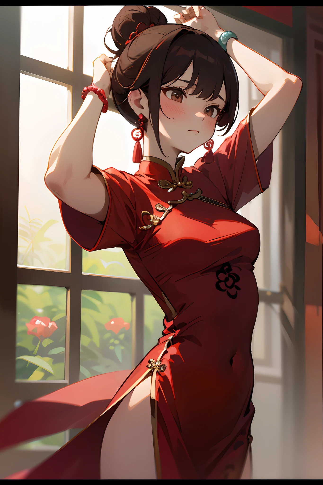 1girl, jewelry, chinese clothes, solo, china dress, dress, earrings, hair bun, red dress, short sleeves, blush, single hair bun, breasts, letterboxed, bracelet, closed mouth, brown hair, arm up, flower, short hair, medium breasts, indoors, looking away, window,