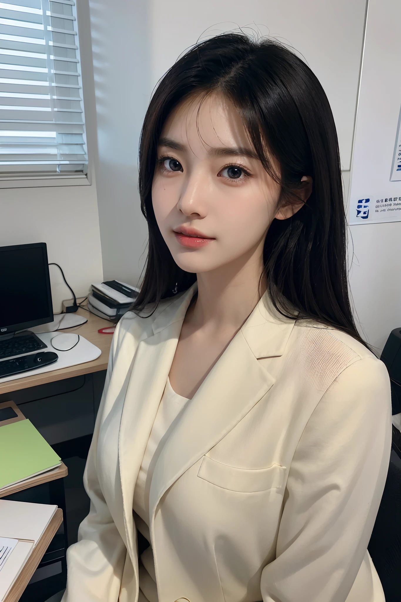 High-res, Realistic portrait of professional korean office lady with perfect skin, Professional suits, Show confidence and maturity, Surrounded by a modern corporate environment, Vibrant and naturally lit highlights. The artwork should emphasize her elegant facial features, Including charming long eyes, Fluttering eyelashes and seductive lips. The scene should be enhanced with elements of professionalism and visual appeal，For example, Stylish work desk, Mainframe computers, High-resolution display, and complex stationery. The overall tone should be warm and professional, Has a soft and natural color palette. The artwork should exude a sense of professionalism, Success, and cultural pride.
