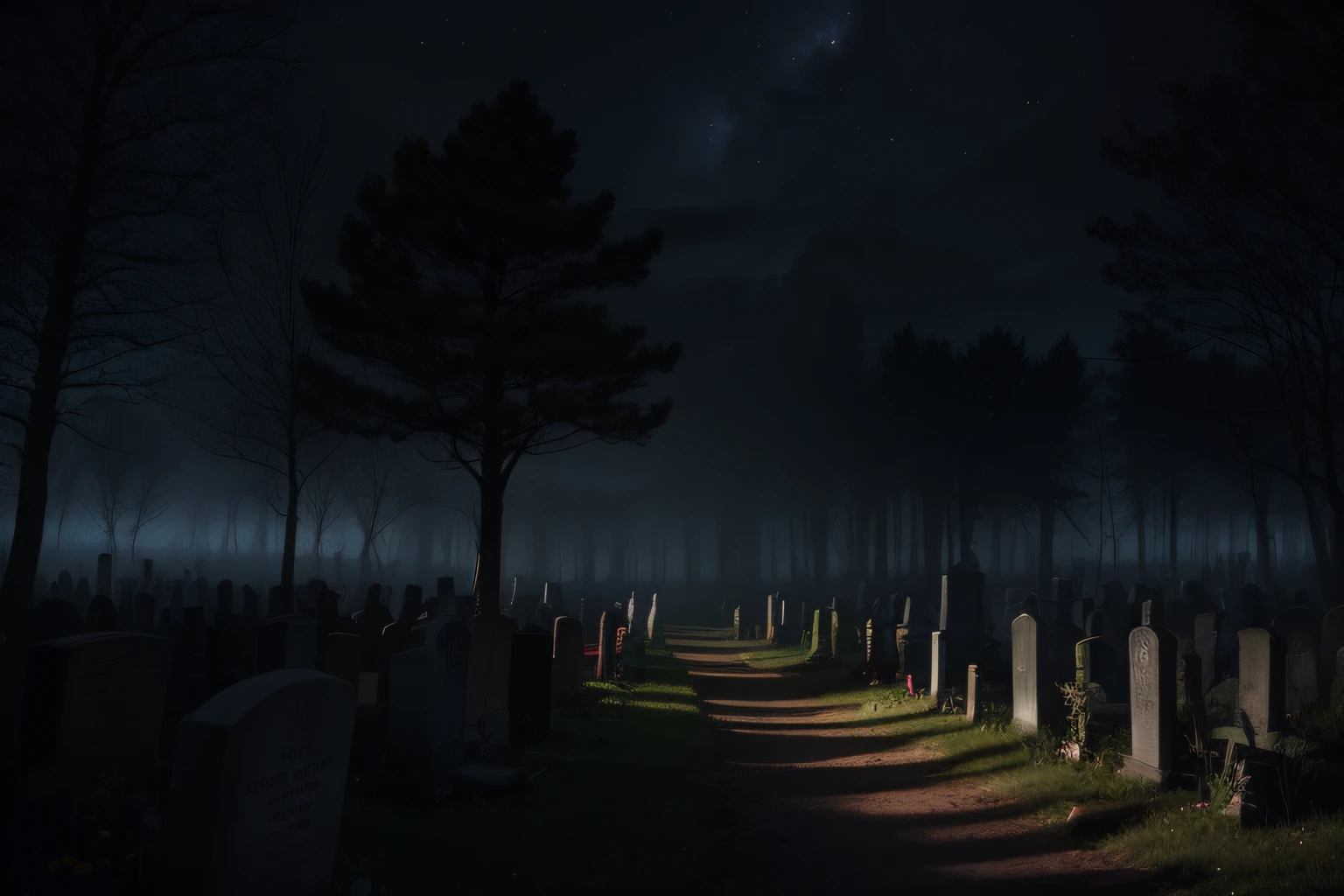 Creepy ruined cemetery, Night, near forest, Night time, dark sky, Foggy ground