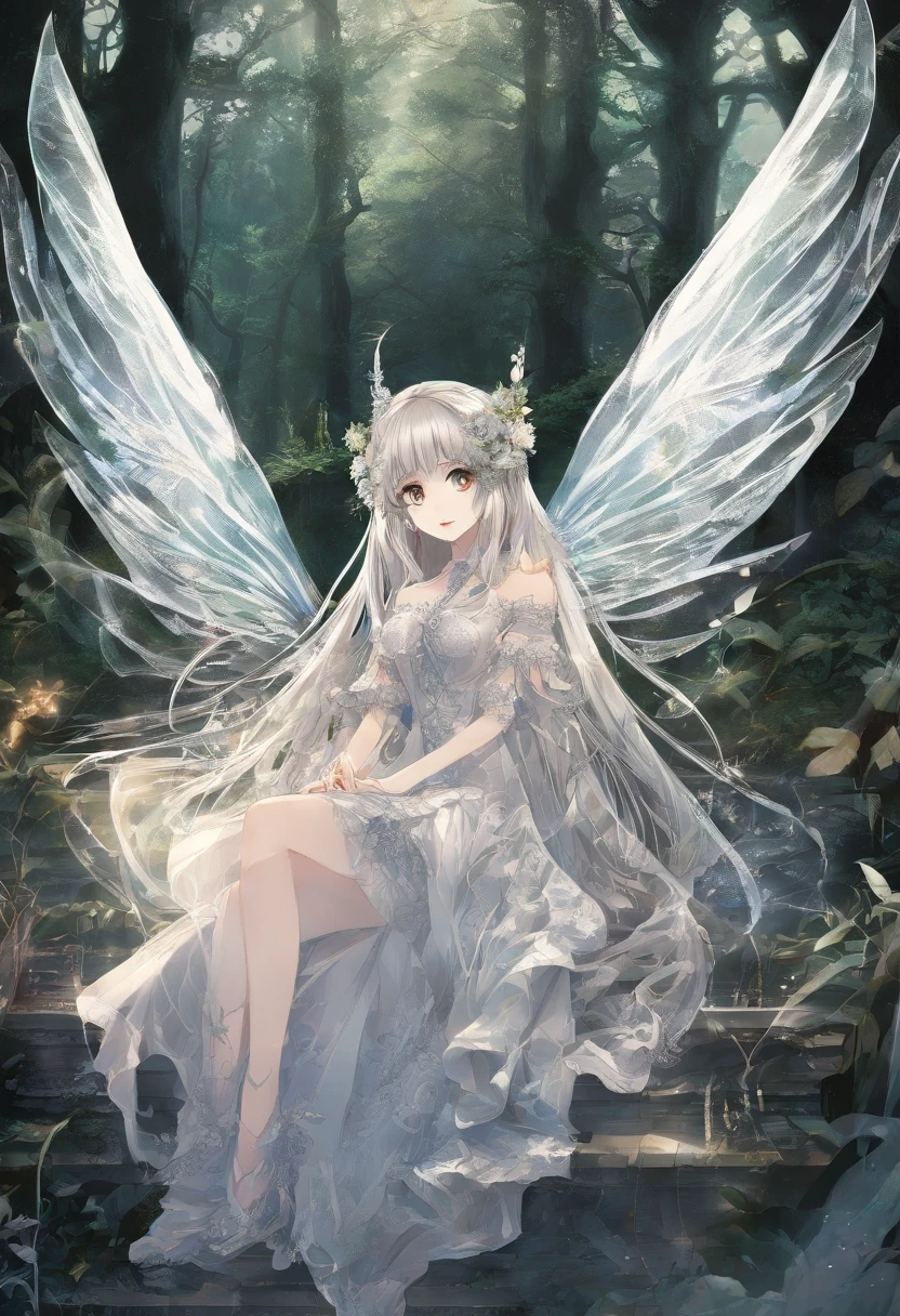 (Masterpiece, Best quality, Ultra-detailed, Best Illustration:1.4), 1 Little Fairy, The wings of the little fairy，(Airflow Maiden:1.1),(See-through:1.5）afloat,Green wind ，Silk fabric，(refractions,Reflection:1.7) , Transparent skin, sunshine day，ln the forest