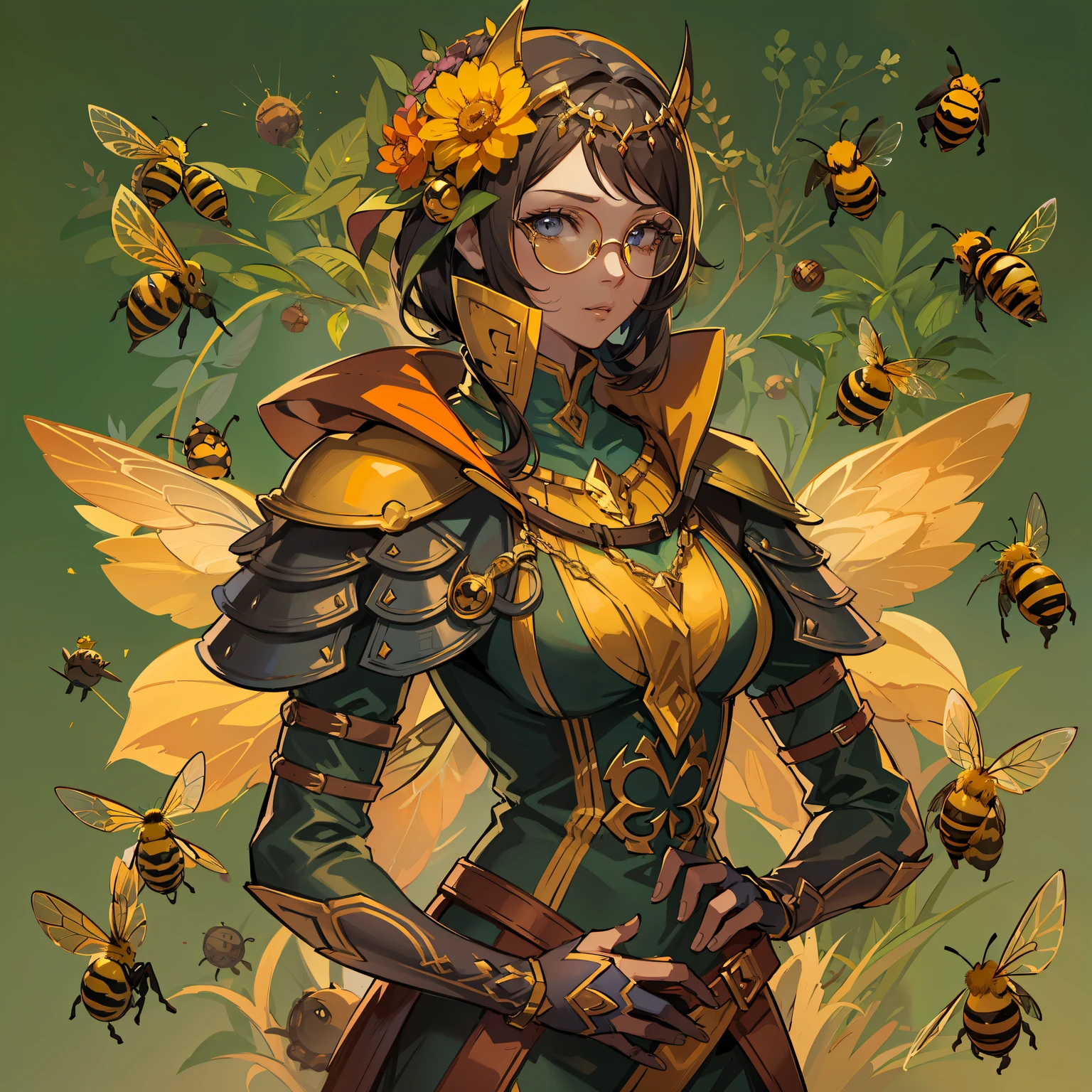 A bee woman A villain for RPG inspired by a bee A woman with the colors and elements, including wings of a wasp bee A villain who represents the essence of a bee She is in a hive with lots of magic and honey illustrating the image He wears glasses that symbolize the eyes of bees Colors of bees An art for RPG A character for RPG A villain Medieval RPG RPG Art RPG fantasy RPG an illustration for RPG a digital art