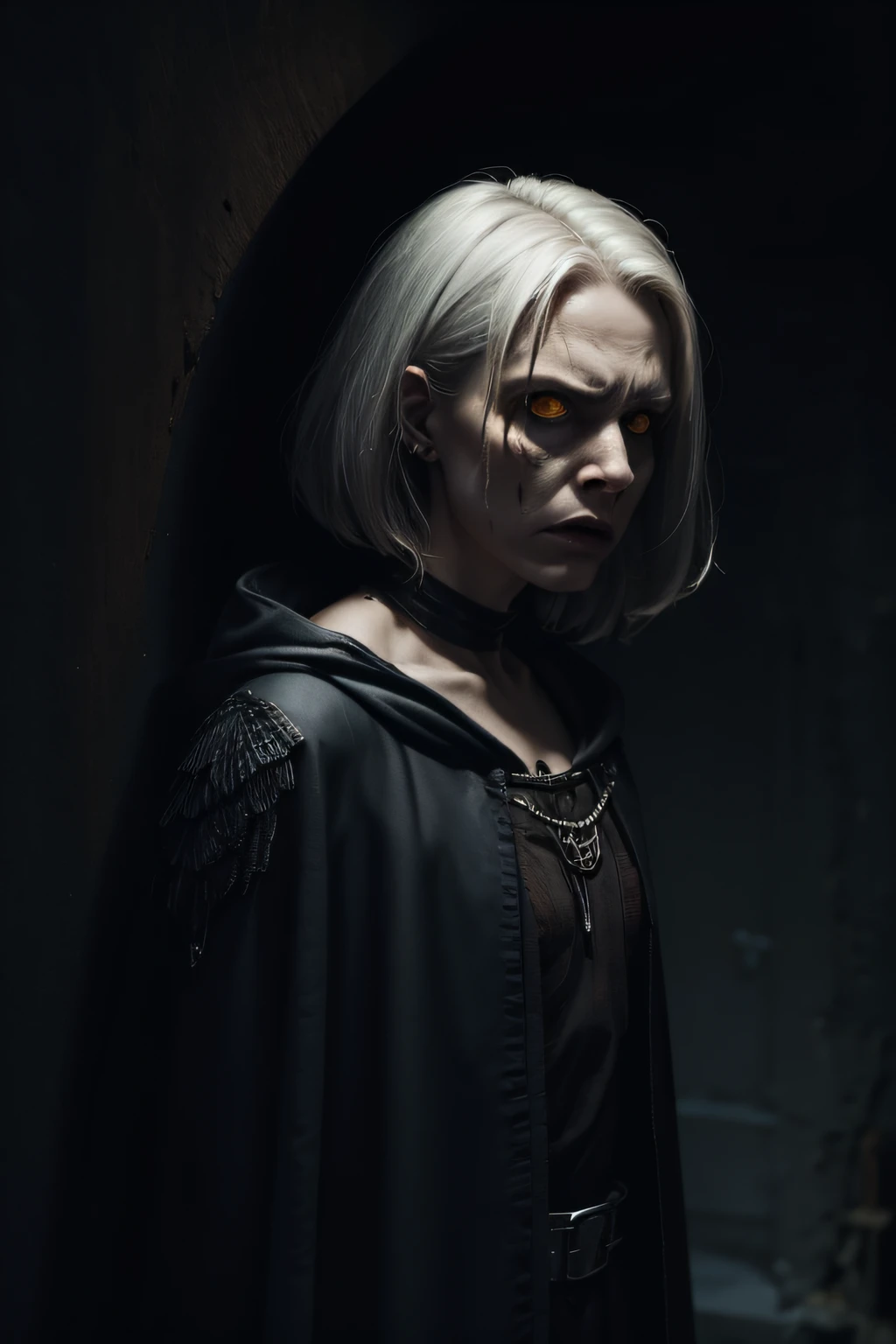 Very old woman, In low light,It looks like a corpse, Half of the face was deformed, Angry look, short white-hair, Pale wrinkled skin, yellow pupils, Curved posture, Piercings and evil gaze, Long Black Cloak, ripped clothing, Crow's feather cloak on the back, The left side of the body is covered with a bandage and hood, Dark place, Horror, terror, terrifying, suspenseful, wondrous, Horror movie