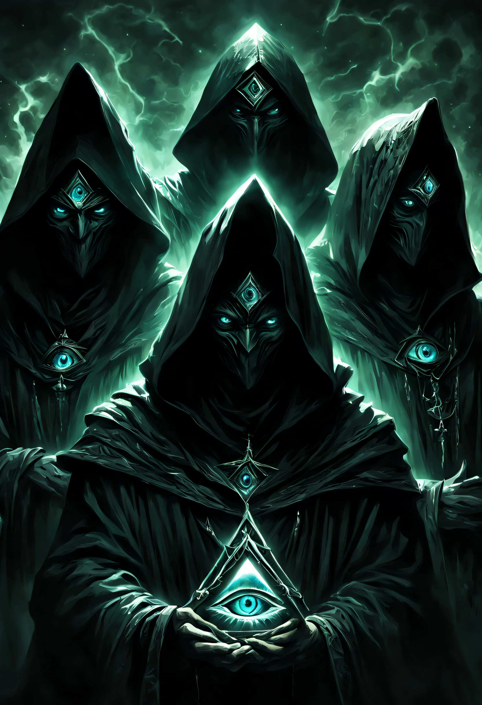 several evil people in hoods in dark robes on cerimony, Vector Sign of the All-Seeing Eye in piramidal structure, glow reptilian eyes, UHD, by Aleksi Briclot and Alessio Albi and Alexandre Cabanel
