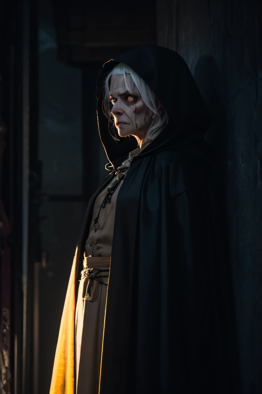 Very old woman, In low light,It looks like a corpse, Half of the face was deformed, Angry look, short white-hair, Pale wrinkled skin, yellow pupils, Curved posture, Piercings and evil gaze, Long Black Cloak, ripped clothing, Crow's feather cloak on the back, The left side of the body is covered with a bandage and hood, Dark place, Horror, terror, terrifying, suspenseful, wondrous, Horror movie
