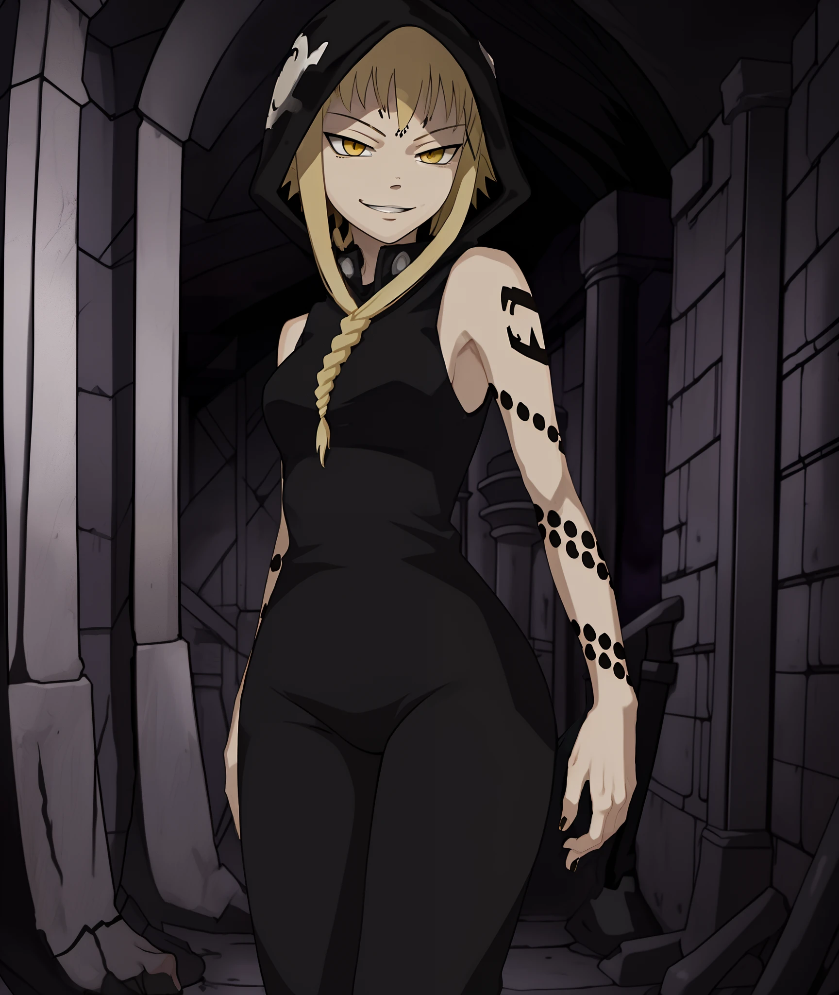 [medusa gorgon], [soul eater], [Uploaded to rule34.xxx; (kingmaster), (shosho_oekaki), (neko****sama)], ((masterpiece)), ((HD)), ((detailed shading)), ((1girl)), ((solo portrait)), ((cowboy shot)), ((front view)), ((full body)), ((cute anime girl)), {(slim figure), (blonde noose hair), (cute yellow eyes), (half-closed eyes), (snake tattoos), (small boobs), (gorgeous hips), (beautiful feet), (smug grin)}, {(black hood), (sleeveless shirt), (black pants)}, {(standing), (looking ahead)}, [background; (cave), (nighttime), (dark lighting), (ambient lighting)]