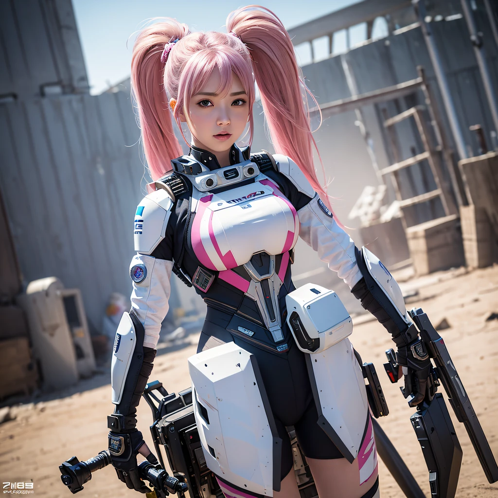 Woman long pink hair, body defined thick thighs cybernetic body parts, short underwear