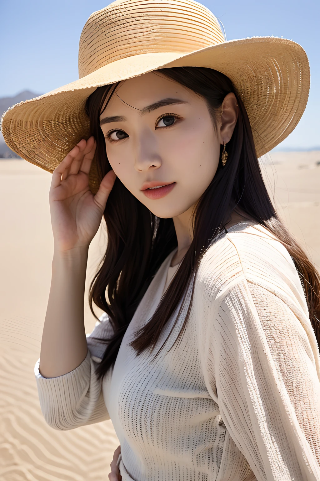 (extra detailed body、extra detailed face、best qualtiy:1.2)、femele、looking at the viewers、Midjourney Worldview、Big hat、Lunette de soleil、A desert