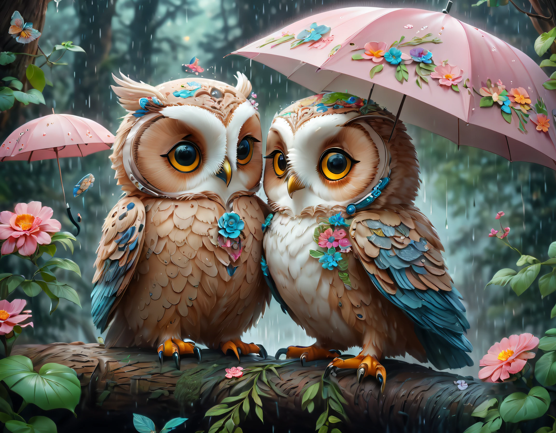 （Paint colorful mother owl and baby owl baby with flowers），（A large umbrella），（Mother owl holding an umbrella，Hold her child in her arms：1.37），Wet feathers，A caring expression，Coquettish expression，
 Background with：（A forest with heavy rain：1.3），（it is raining heavily）， Cute detailed digital art, lovely digital painting, adorable digital art, Beeple and Jeremiah Ketner, cute owl, cute detailed artwork,cute 3 d render, digital painting highly detailed, cute colorful adorable, highly detailed digital artwork, highly detailed and colored, digital art highly detailed, cute artwork