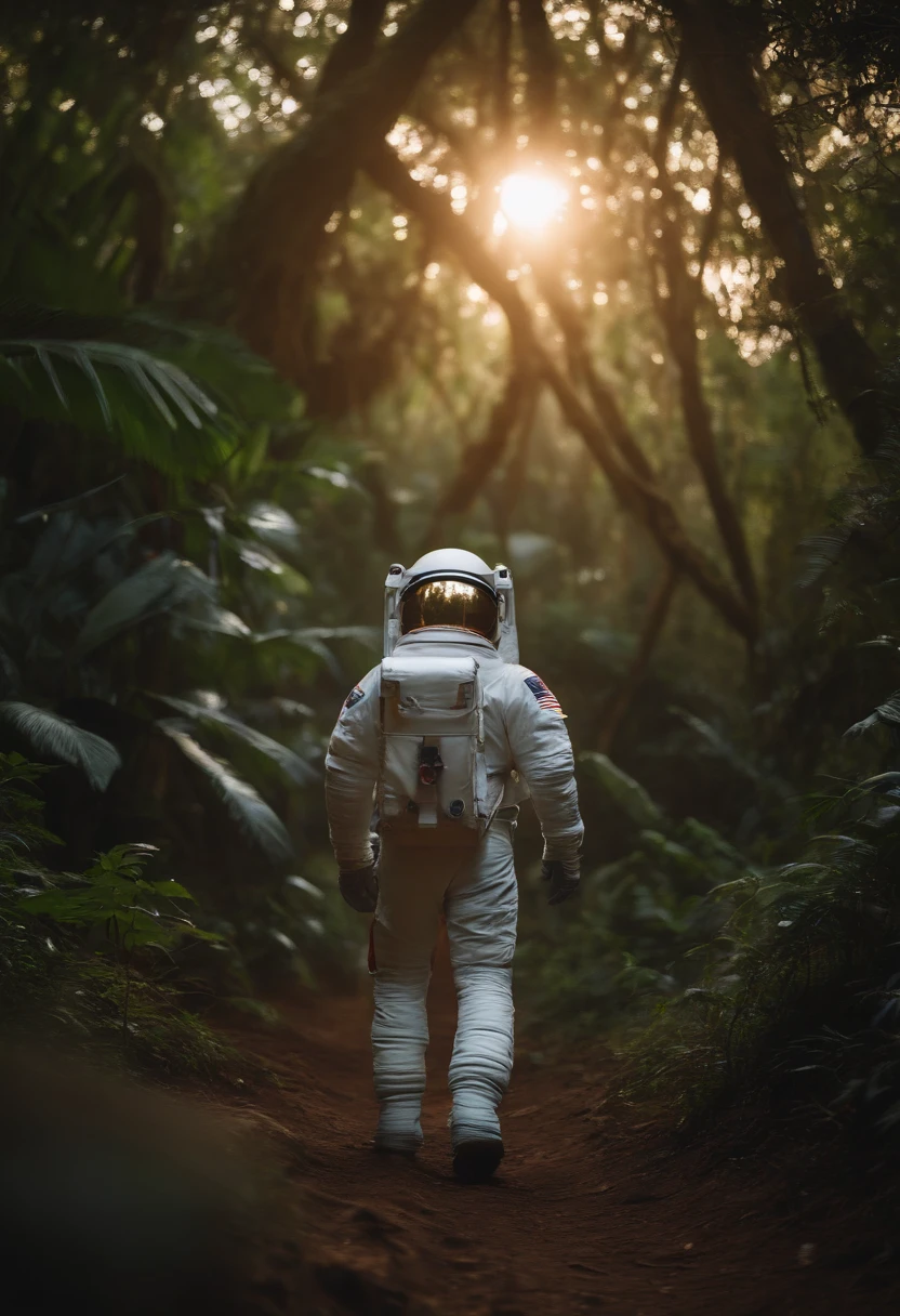 Astronaut walking in the jungle, Sony A7R, 50mm Lens, Morning Glow, 8K