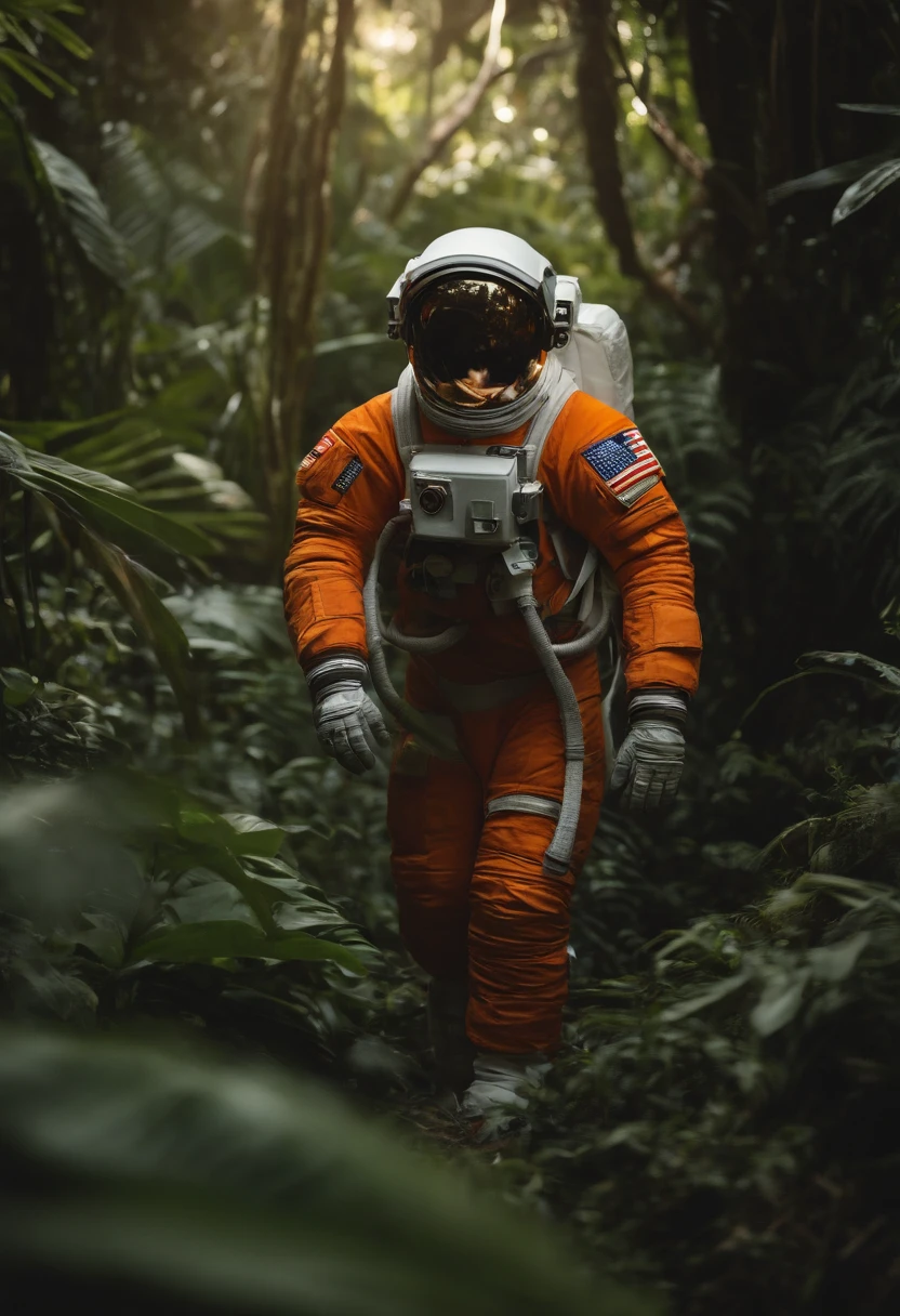 Astronaut walking in the jungle, Sony A7R, 50mm Lens, Morning Glow, 8K