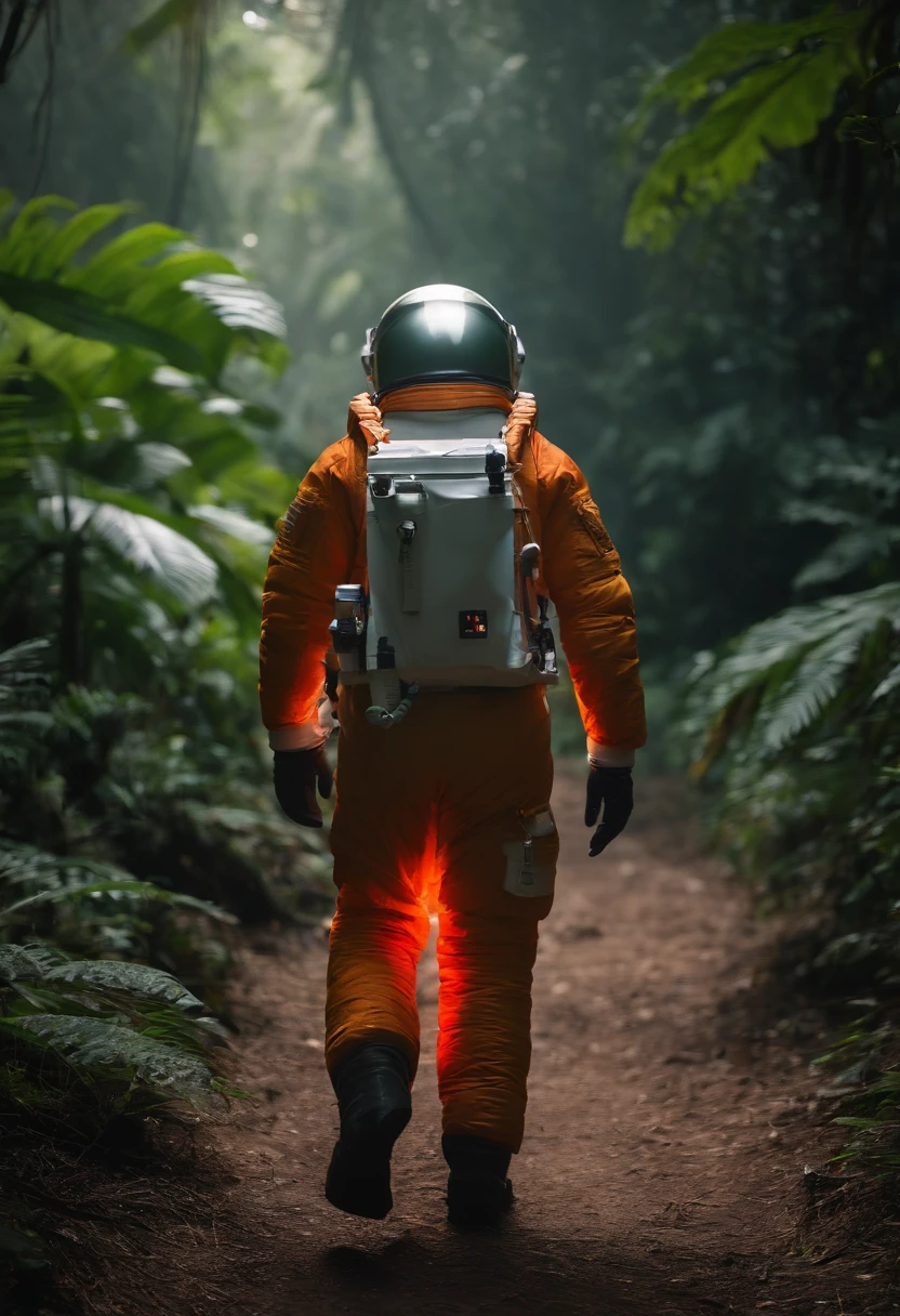Astronaut walking in the jungle, Sony A7R, 50mm Lens, Morning Glow, 8K
