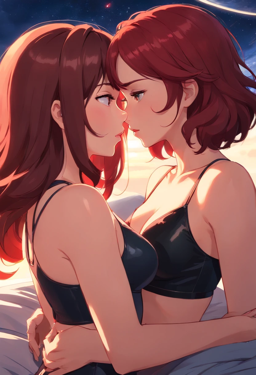 Create an evocative image of Scarlett Johansson as black widow ((short red hair)) wearing black crop top and Elizabeth Olsen as scarlet witch ((long brown hair)) wearing red crop top, side by side outside a spaceship, resting on a bed, gazing silently towards the horizon where the warm hues of a setting sun paint the sky in nostalgic colors. Cinematic lighting. Panty, (crop top). hug. kiss. passionate gentle kiss on the lips. kissing. looking at each other. grabbing buttocks. Breasts pressed, breast grab,  grab, consensual. Bliss. (NSFW)