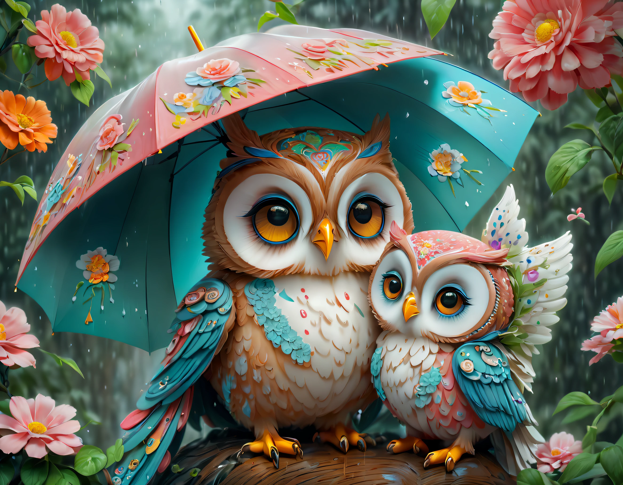 (Paint colorful mother owl and owl babyh flowers),(A large umbrella),(Mother owl holding an umbrella,Hold her child inarms:1.37),Wet feathers,A caring expression,Coquettish expression,
Background with:(A forest with heavy rain:1.3),(it is raining heavily), Cute detailed digital art, lovely digital painting, adorable digital art, Beeple and Jeremiah Ketner, cute owl, cute detailed artwork,cute 3 d render, digital painting highly detailed, cute colorful adorable, highly detailed digital artwork, highly detailed and colored, digital art highly detailed, cute artwork