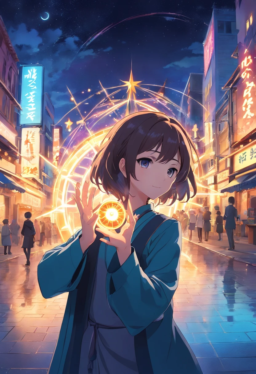 animesque、illustratio、cartoon、A boy who deploys a magic circle、sideways Facing、Six-pointed Star Magic Circle、Hands and fingers in full shape、rune、Golden eyes、A dark-haired、Black robe、Vibrant poses、Light Effects、Fantasy old townscape、Ultra-high definition illustrations