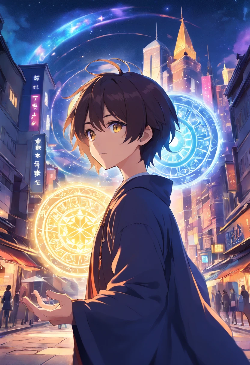 animesque、illustratio、cartoon、A boy who deploys a magic circle、sideways Facing、Six-pointed Star Magic Circle、Hands and fingers in full shape、rune、Golden eyes、A dark-haired、Black robe、Vibrant poses、Light Effects、Fantasy old townscape、Ultra-high definition illustrations