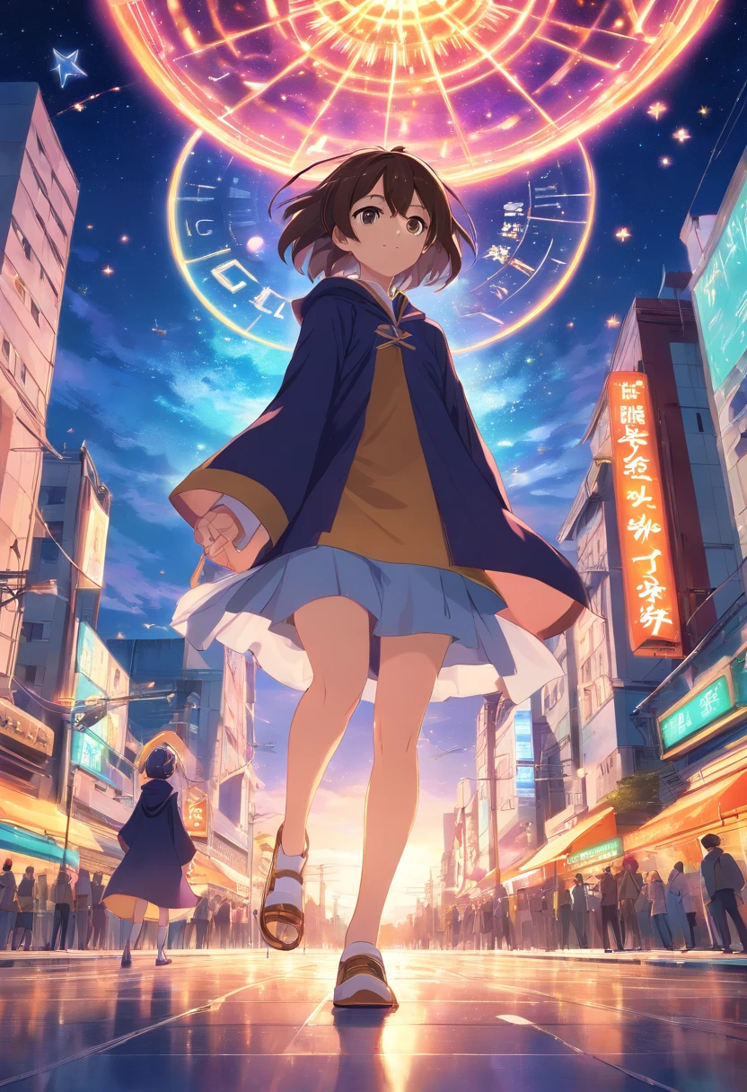 animesque、illustratio、cartoon、A boy who deploys a magic circle、sideways Facing、Six-pointed Star Magic Circle、Hands and fingers in full shape、rune、Golden eyes、A dark-haired、Black robe、Vibrant poses、Light Effects、Fantasy old townscape、Ultra-high definition illustrations