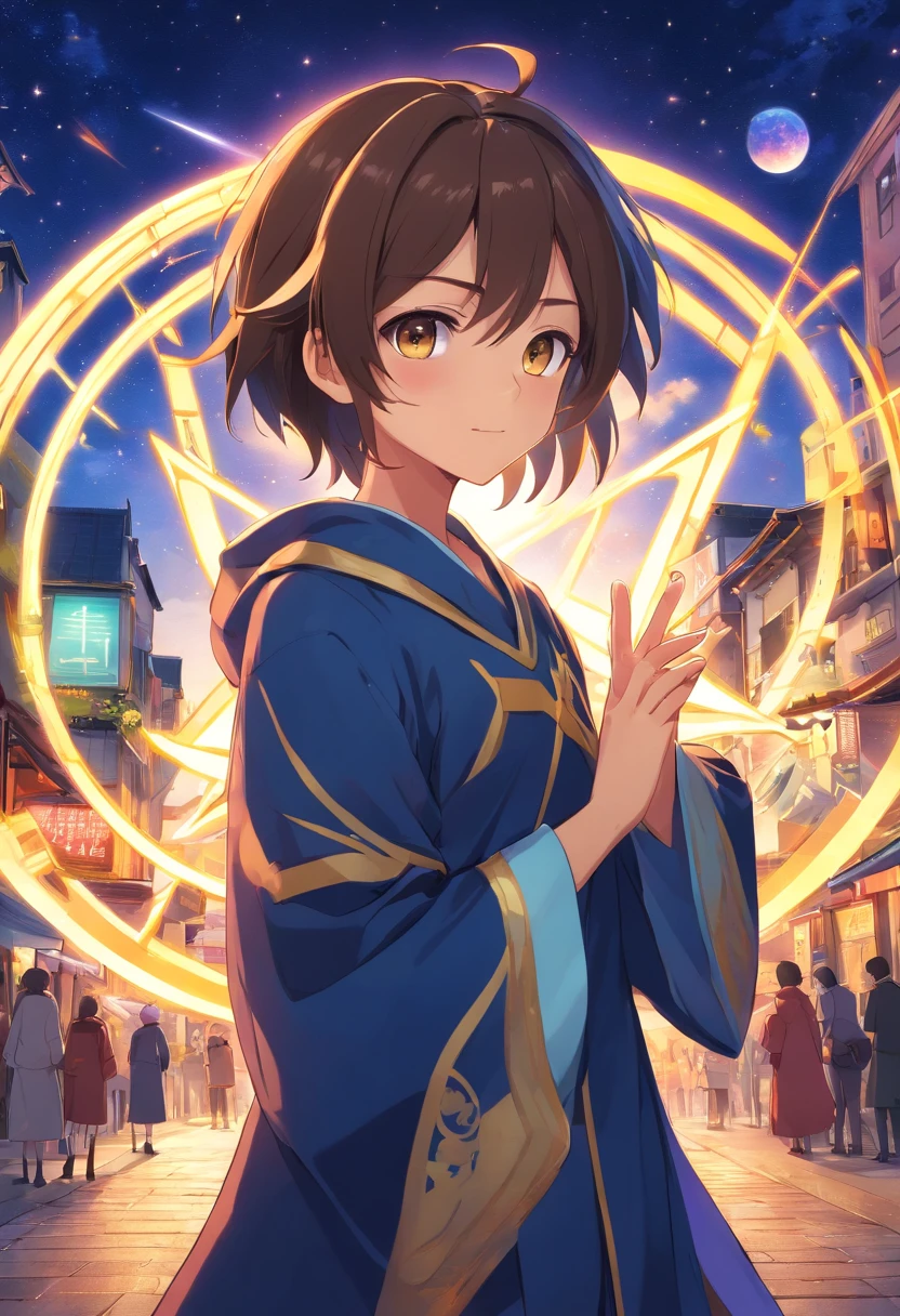 animesque、illustratio、cartoon、A boy who deploys a magic circle、sideways Facing、Six-pointed Star Magic Circle、Hands and fingers in full shape、rune、Golden eyes、A dark-haired、Black robe、Vibrant poses、Light Effects、Fantasy old townscape、Ultra-high definition illustrations