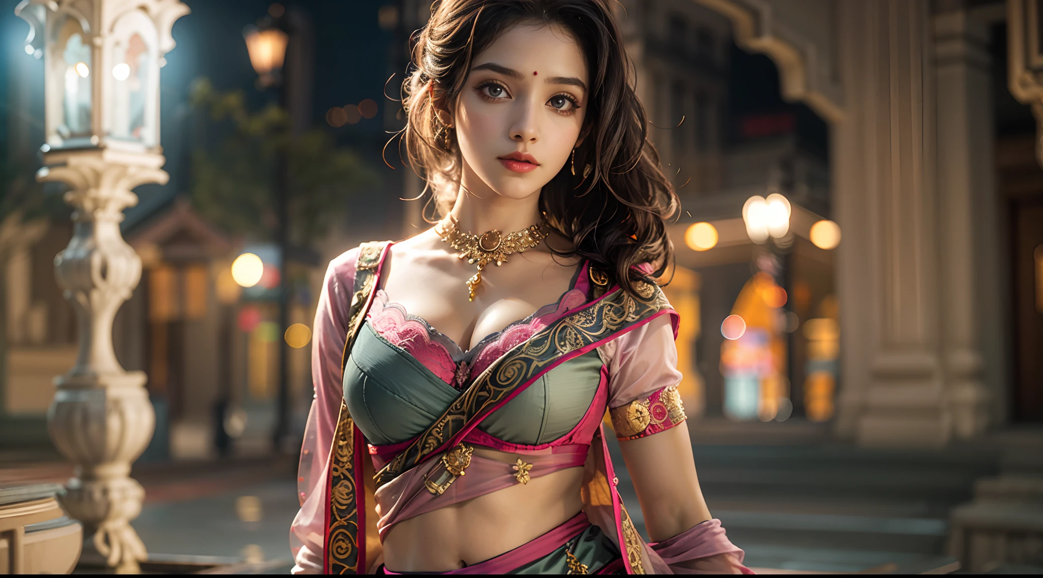 walking in a moonlit courtyard, exotic girl, indian, looking at the viewer, shining skin, perfect lighting, the embodiment of grace and elegance, (saree and bra), (Big Tits:1), cleavage, clear curvy details, beautiful curves, detailed eyes, detailed pupil, volumetric lighting, Ultra Detailed, unity 8k wallpaper, ultra detailed, aesthetic, masterpiece, best quality, photorealistic