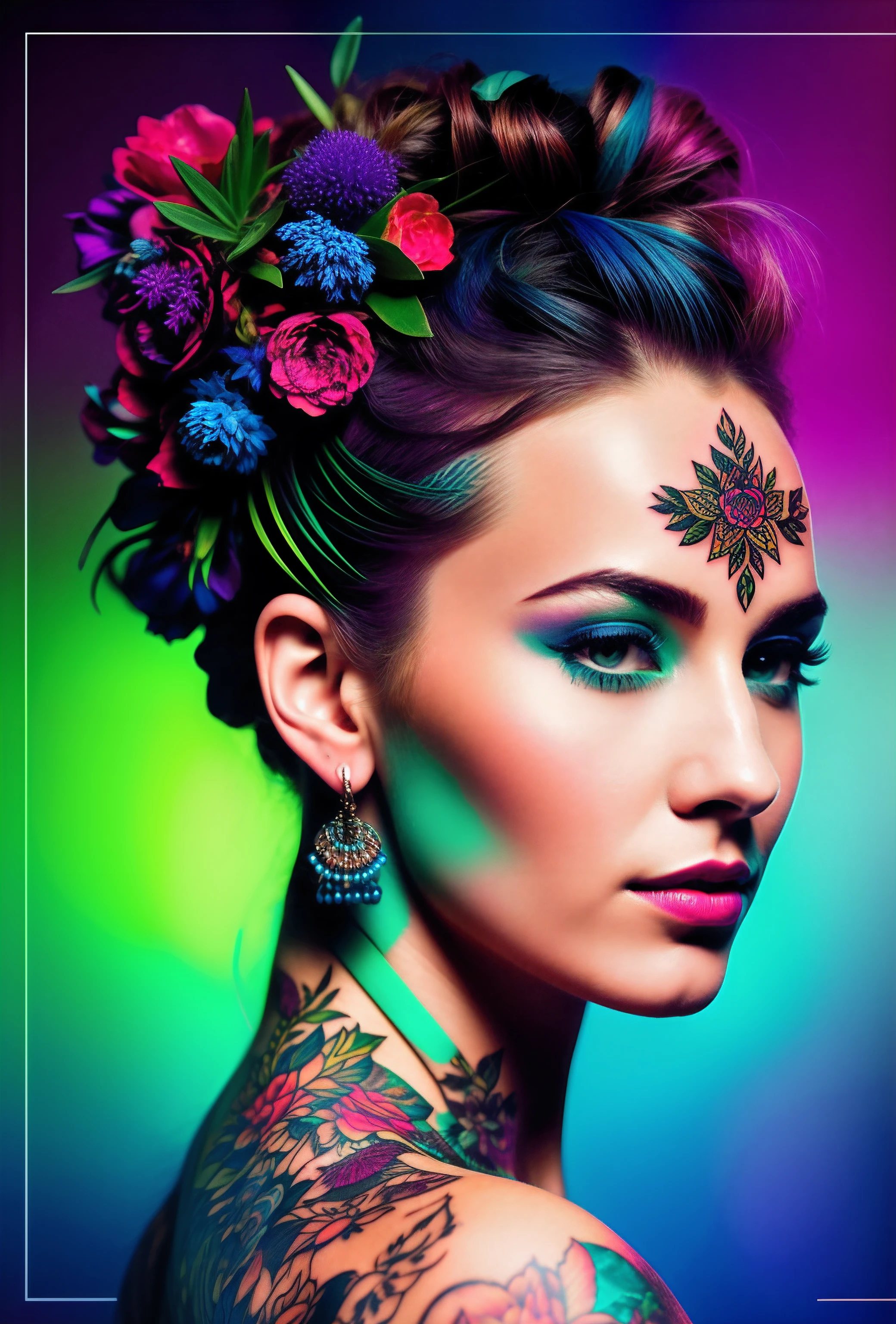 prompt:Eclectic fusion of a woman's portrait with vibrant digital overlays, juxtaposed traditional tartan patterns, botanical elements, and tattoo aesthetics against a neon blue backdrop aspect:2:3 format:Image