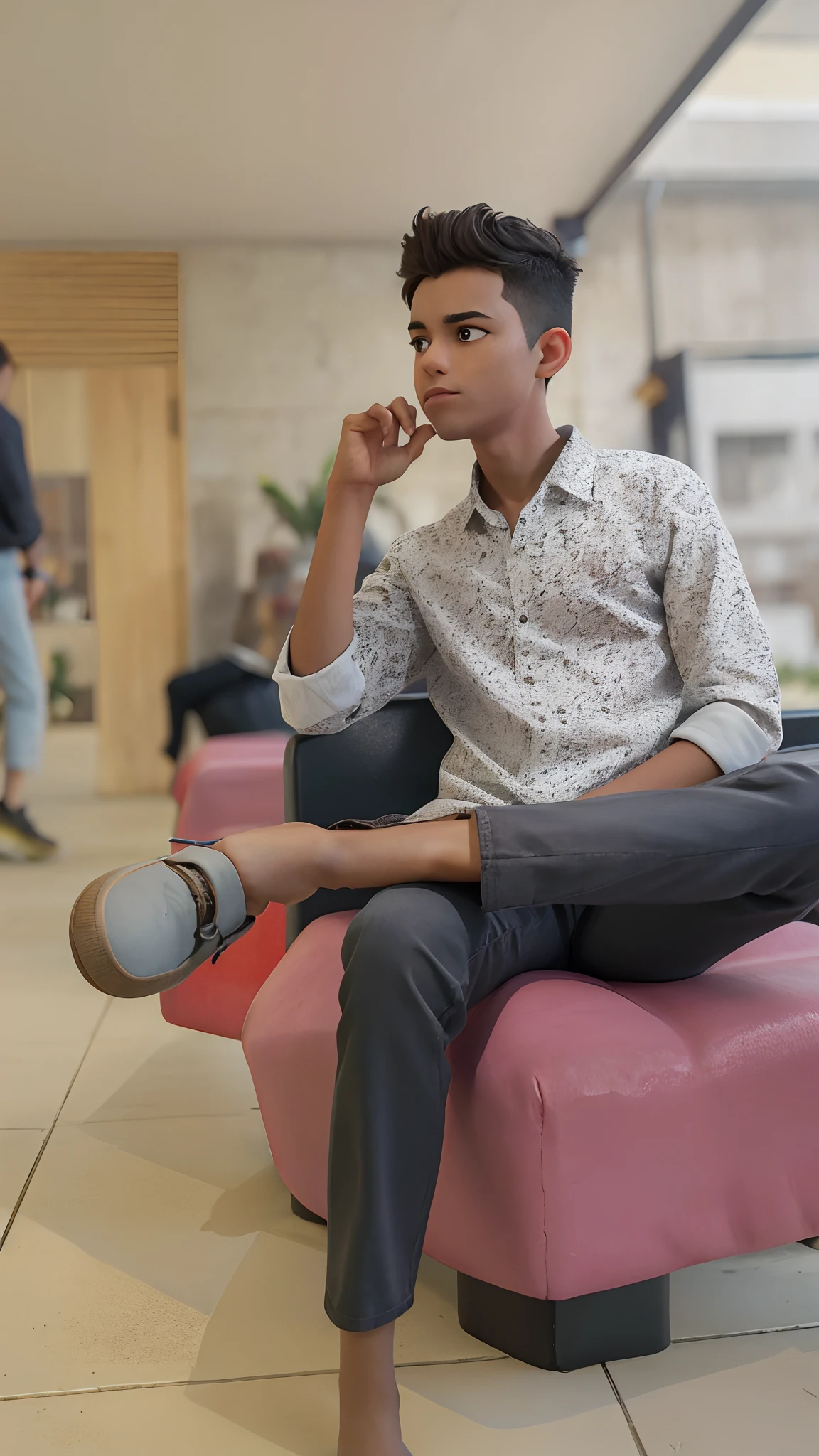 The image features a young boy sitting on a wooden bench, which is located near a fence. The boy is wearing a black shirt and appears to be looking at the camera. The bench is positioned in the middle of the scene, with the fence extending to the left and right sides of the image. The boy's posture and the presence of the bench suggest that this could be a park or a similar outdoor setting.Gere essa imagem no estilo de anima