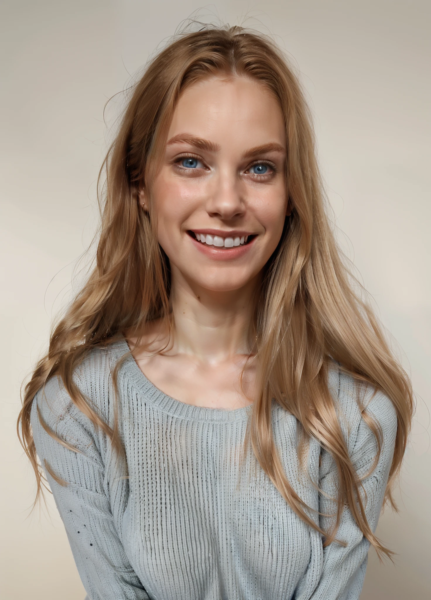 Girl. 18 years. Tall. Sky Blue eyes. Large smile with really pretty dimples. Blond hair. Straight hair. Smooth hair. Smoothing hair. Long hair. Darker hairline. Quite long pretty nose. Real. Playing with her dog. Laughing. A modern watch at her arm. A grey cotton sweater. A pretty quite Long pointed nose. Chin not pointy.  Hair at the middle of her back. Lightly red skin tone on her face