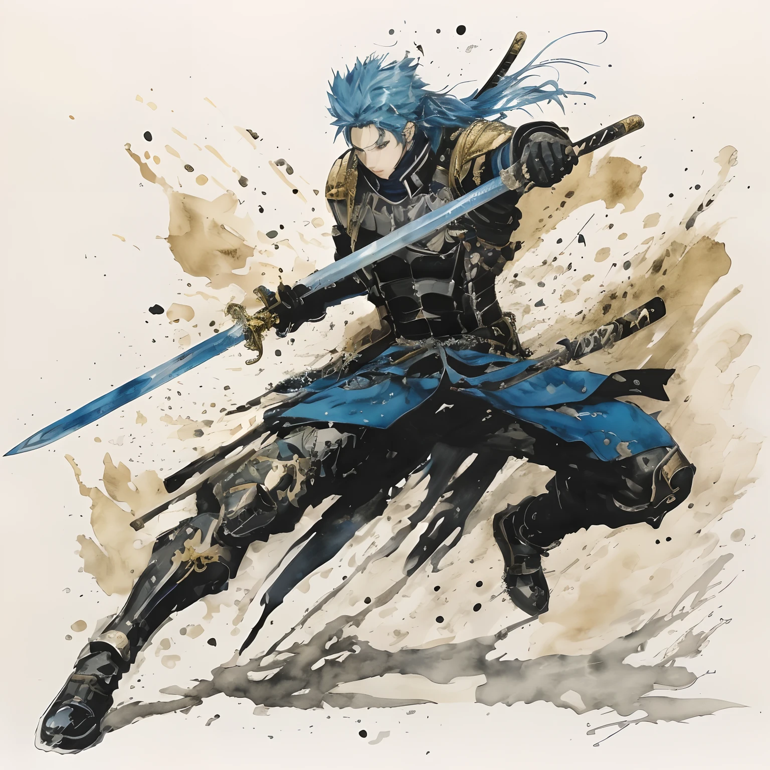 a painting of a man with blue hair holding a sword, masamune shiro, ninja with katana of water wave, masamune, kentaro miura art, in yoji shinkawa's art style, shirow masamune, inspired by Kanō Hōgai, style of yoshitaka amano