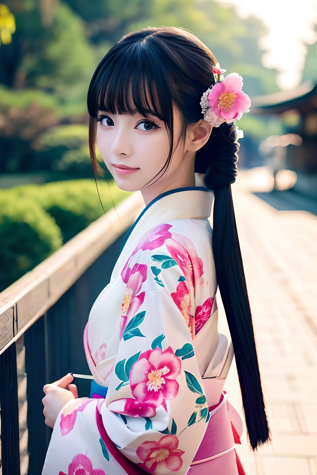 Write a picture of an anime style woman wearing a kimono。