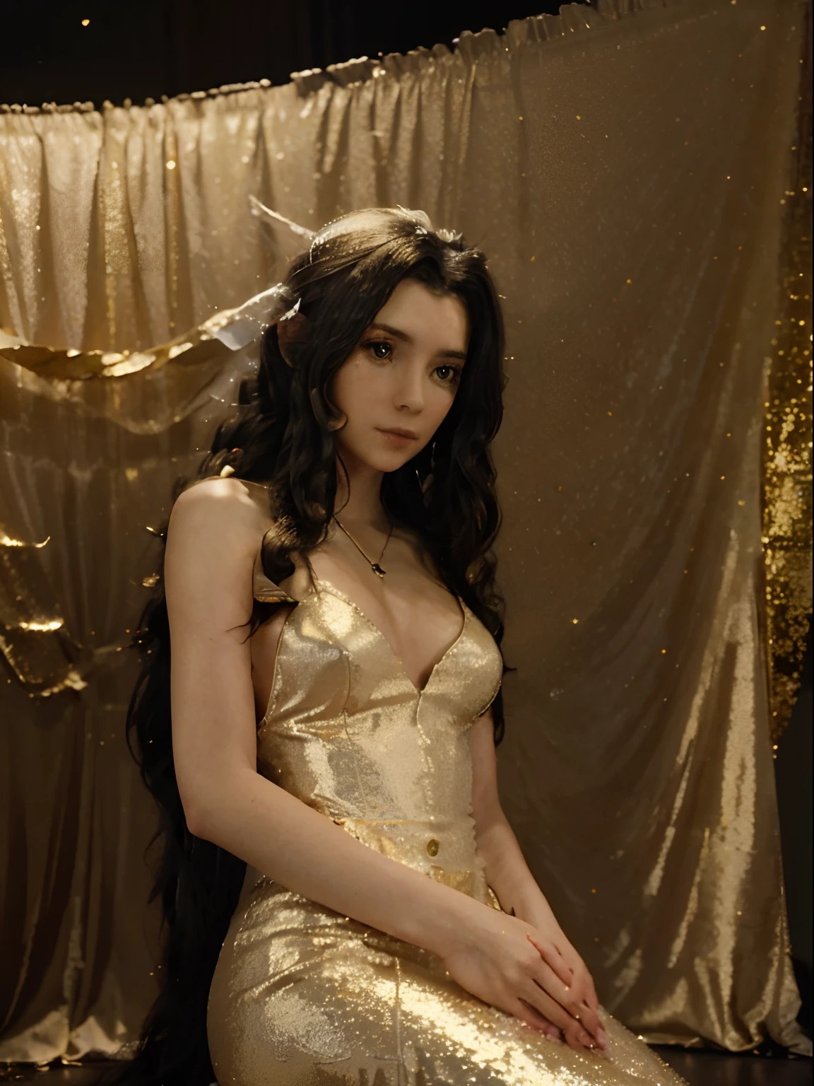A beautiful white girl, long curly black hair, sitting on a golden world, cinematic, glitter, beautiful, high quality, space