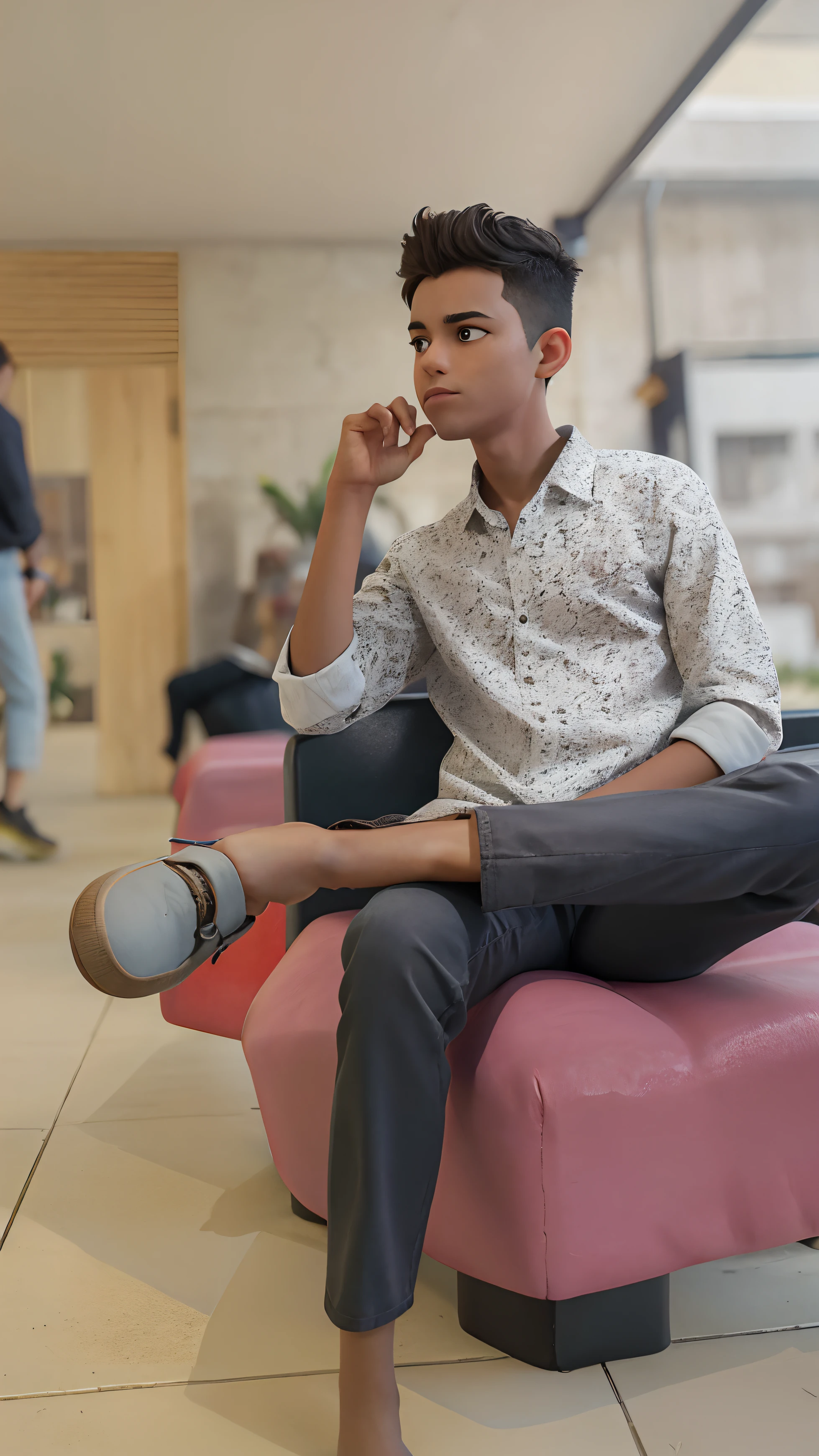 The image features a young boy sitting on a wooden bench, which is located near a fence. The boy is wearing a black shirt and appears to be looking at the camera. The bench is positioned in the middle of the scene, with the fence extending to the left and right sides of the image. The boy's posture and the presence of the bench suggest that this could be a park or a similar outdoor setting.Gere essa imagem no estilo de anima