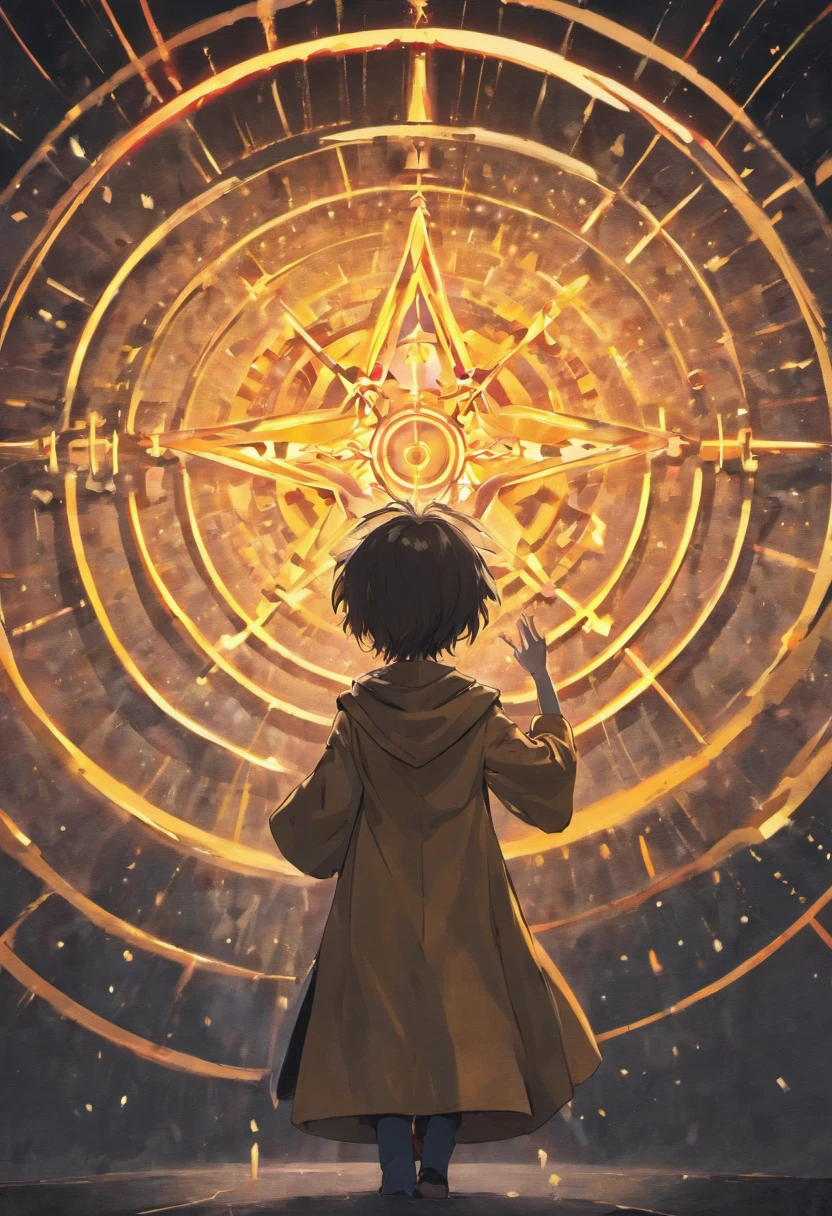 animesque、illustratio、cartoon、Back view of a boy unfolding a magic circle、Six-pointed Star Magic Circle、Hands and fingers in full shape、rune、Golden eyes、A dark-haired、Black robes fluttering in the wind、Vibrant poses、Light Effects、Fantasy old townscape、Ultra-high definition illustrations