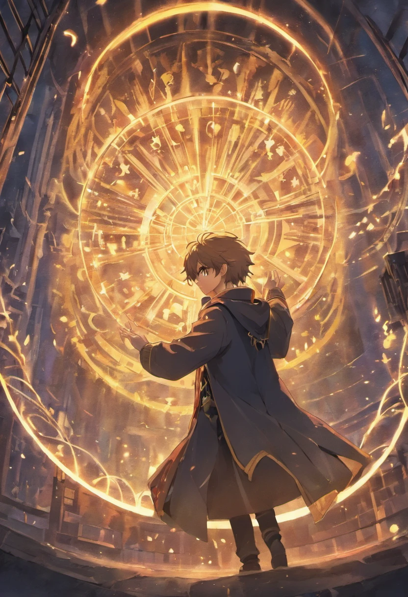 animesque、illustratio、cartoon、Back view of a boy unfolding a magic circle、Six-pointed Star Magic Circle、Hands and fingers in full shape、rune、Golden eyes、A dark-haired、Black robes fluttering in the wind、Vibrant poses、Light Effects、Fantasy old townscape、Ultra-high definition illustrations