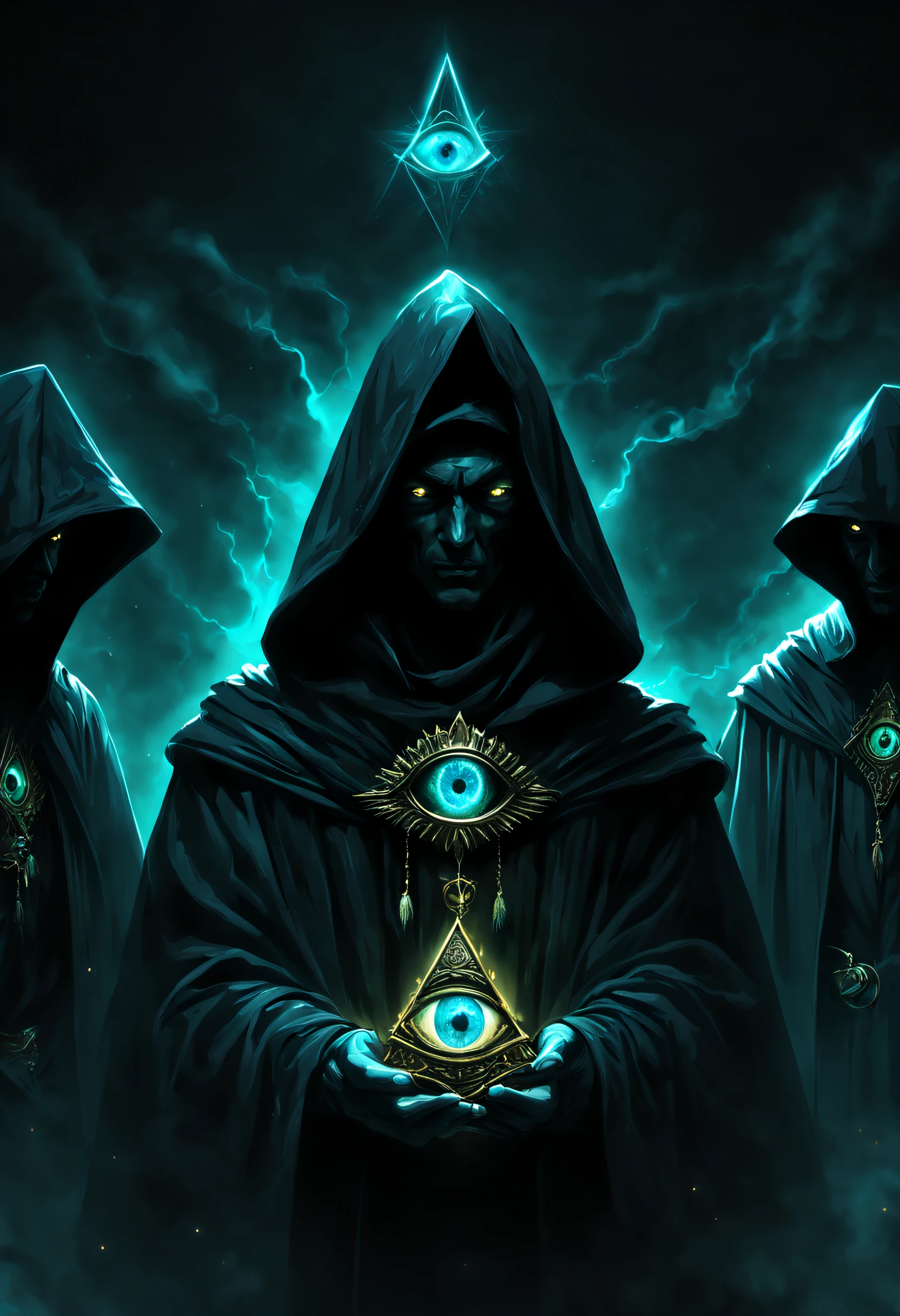 few evil people in hoods in dark robes on cerimony, Vector Sign of the All-Seeing Eye in piramidal structure, glow reptilian eyes, UHD, by Aleksi Briclot and Alessio Albi and Alexandre Cabanel