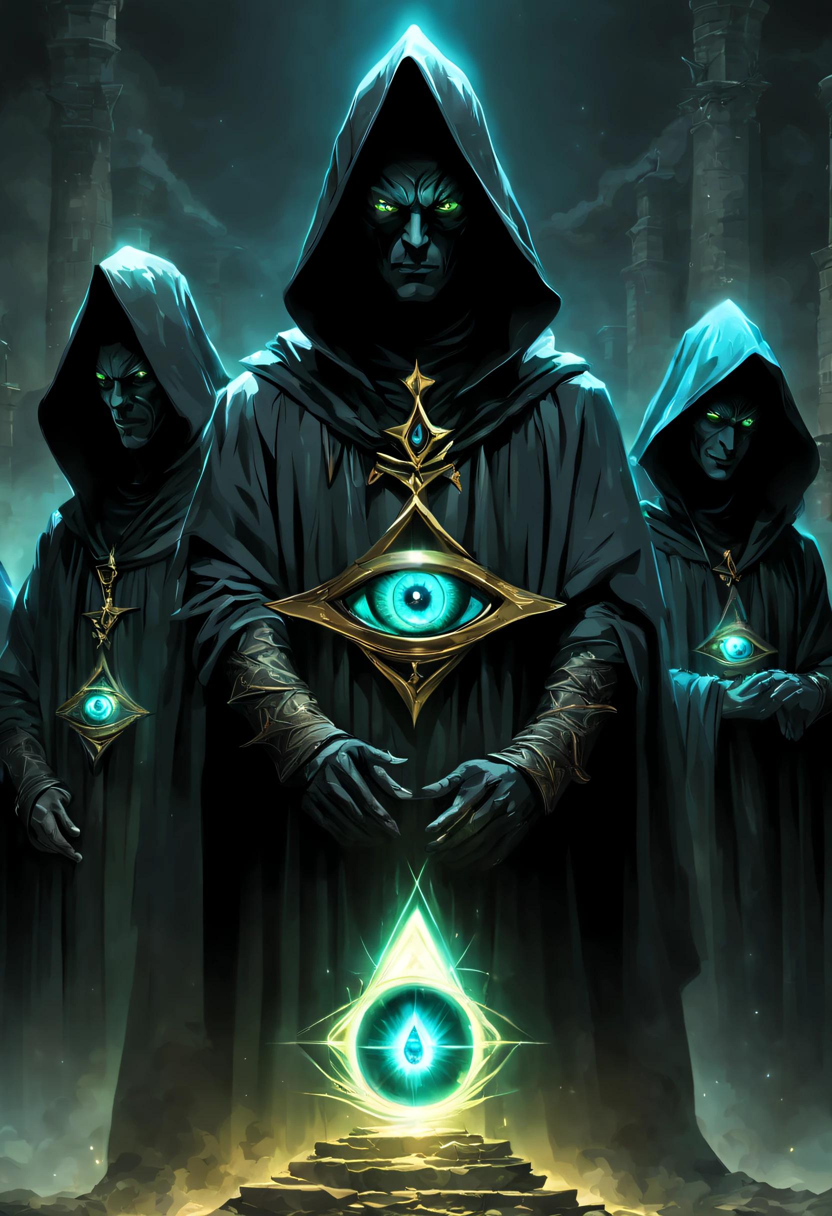 few evil people in hoods in dark robes on cerimony, Vector Sign of the All-Seeing Eye in piramidal structure, glow reptilian eyes, UHD, by Aleksi Briclot and Alessio Albi and Alexandre Cabanel
