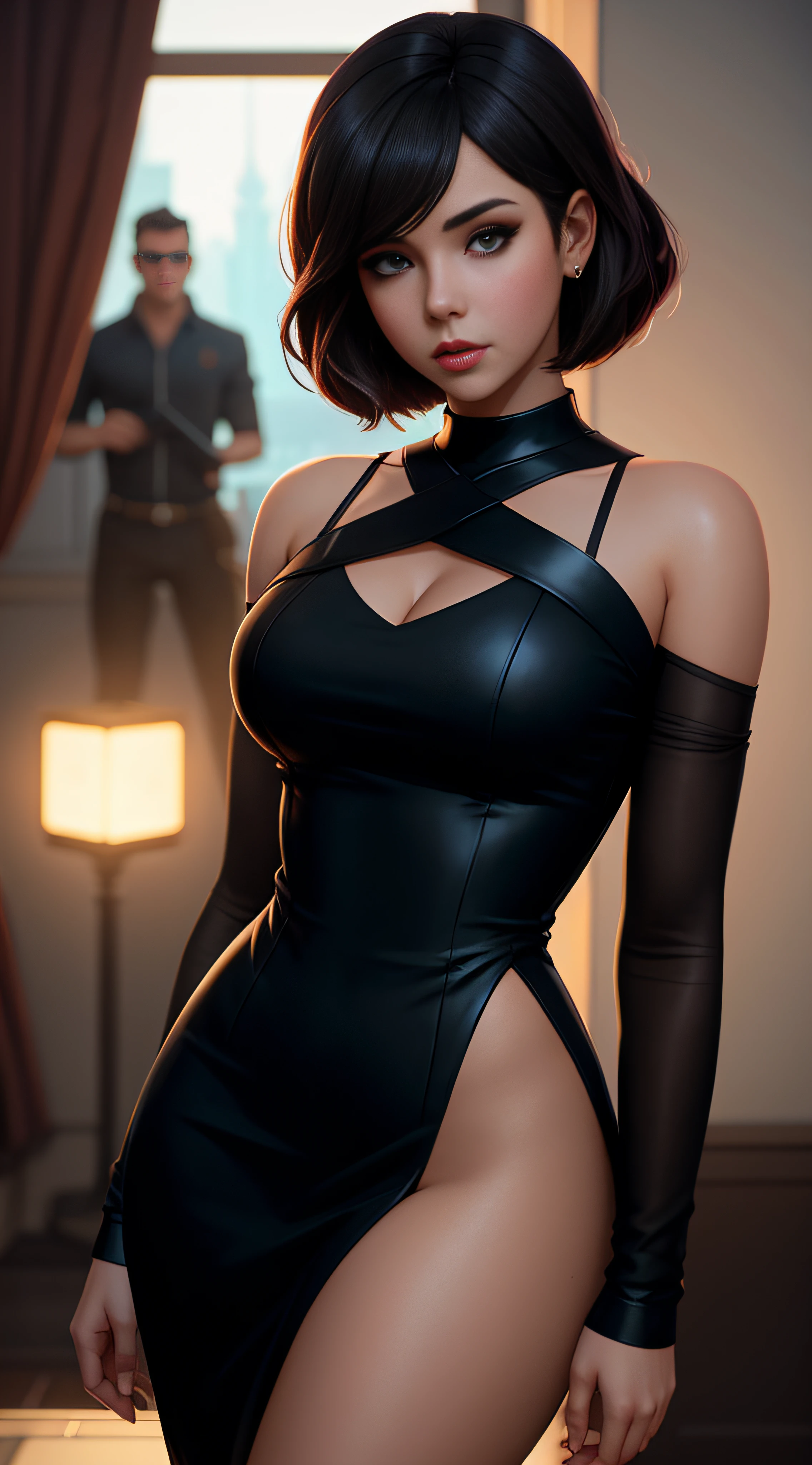 beautiful woman, seductor, ojos sexys, vestido rojo, frente para mostrar, Reina, cabello rosado, delicado, joven, pelo corto, cuerpo completo, de League of Legends, Tendencia en ArtStation, por RHADS, Andreas Rocha, RossDrew, Makoto Shinkai, Laurie Greasley, Lois Van Baarle, Ilya Kuvshinov y Greg Rutkowski, Altamente detallado, high resolusion, 8k