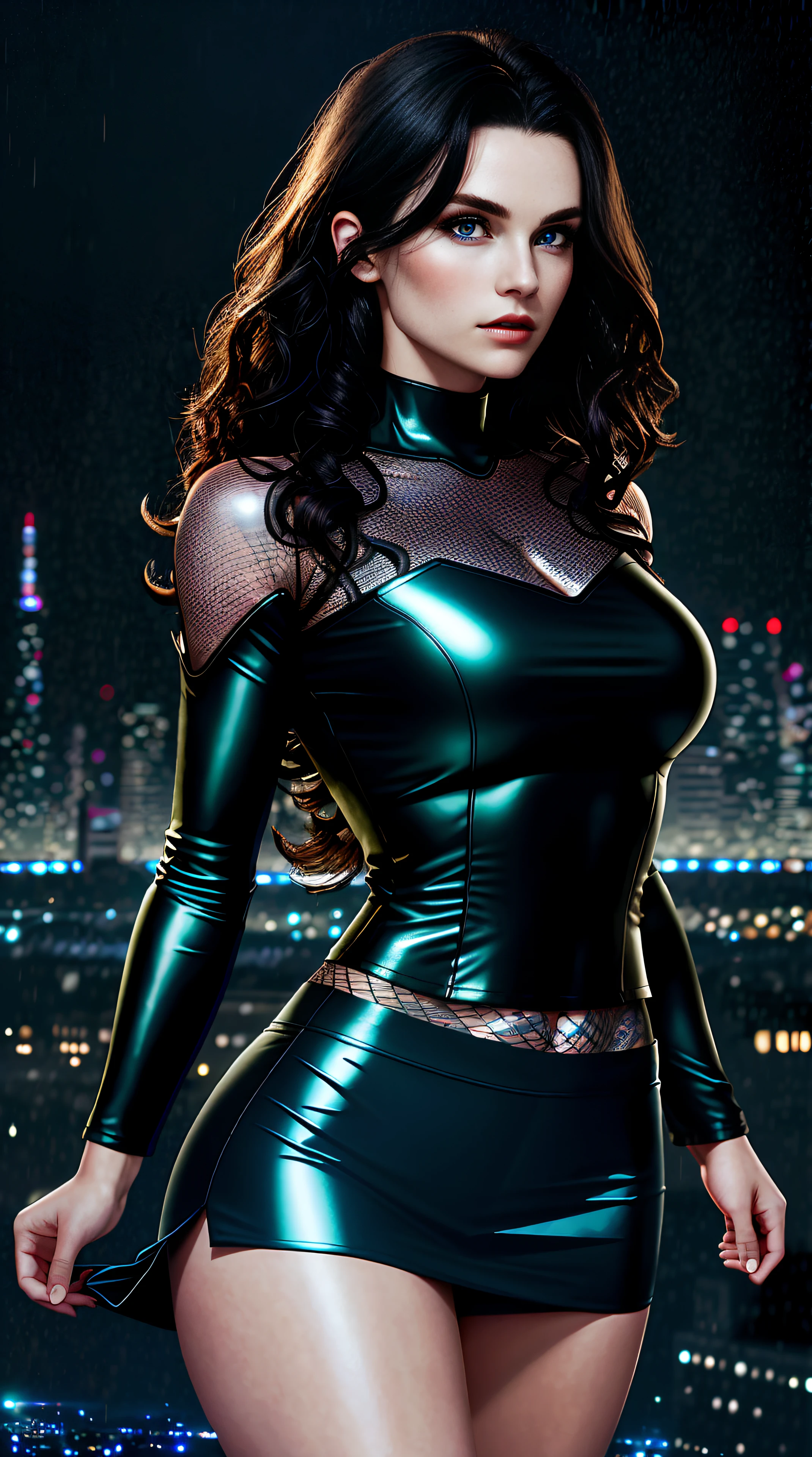 1 beautiful woman, vampire style, brunette, sensual pose, heroic, full body portrait, curly hair, layered cut, open coast sports top, transparent mini skirt, best quality, (beauty), masterpiece, cinematic lighting, extremely detailed, physics-based rendering, artstation, saturated, narrow waist, thin tattoo, long legs, thick thighs, focus on muscular legs, swollen eyes, light makeup, shiny skin,  With his back to the viewer, firm expression, back to the camera, displaying back, looking spectator, blue neon, rainy, ((dark night city scape background:1.4))