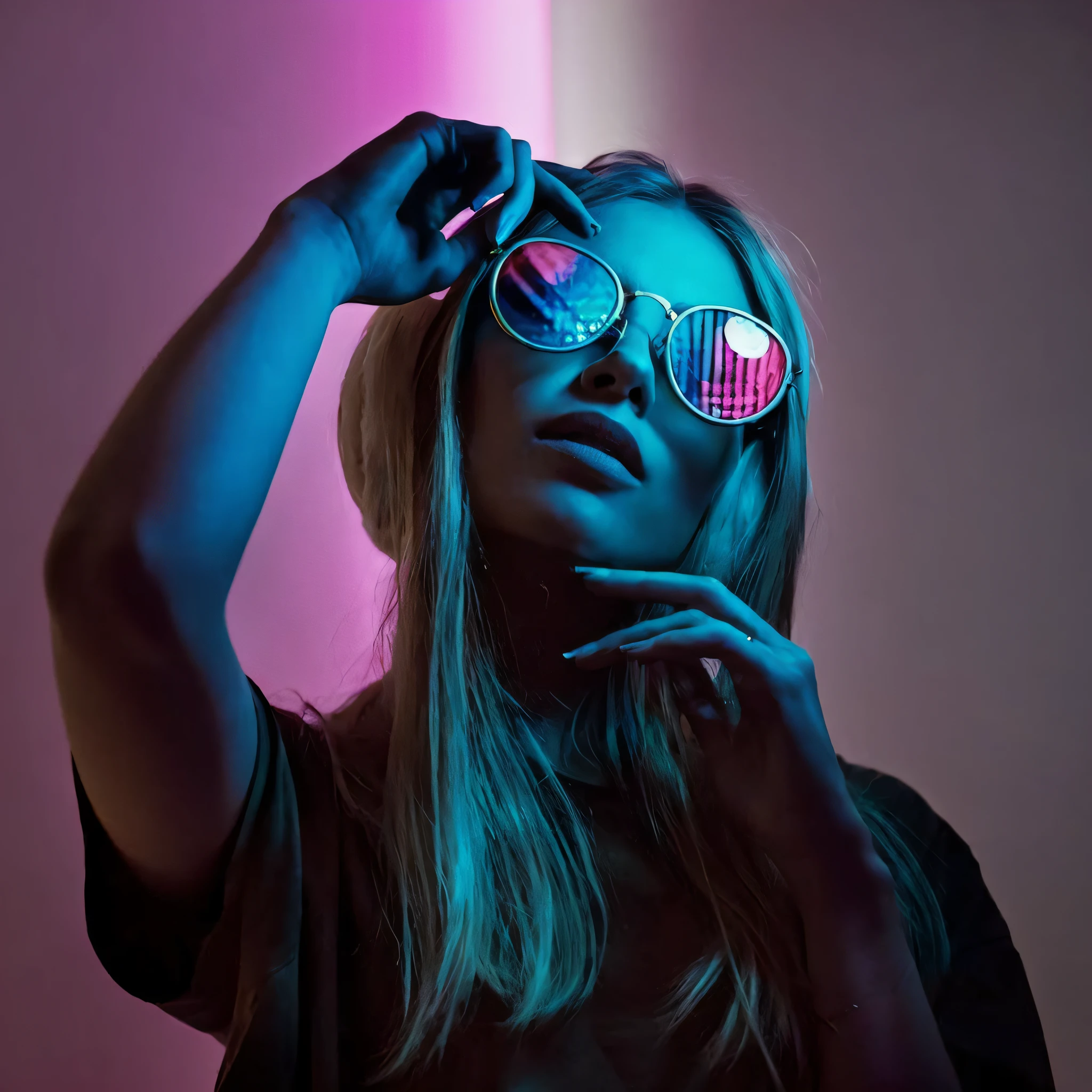 blond woman with sunglasses in a neon photo, neon lenses, pink and blue lighting, pink and blue neon, woman with rose tinted glasses, with neon lights, neon operator margot robbie, ultraviolet and neon colors, futuristic glasses lenses, blue and pink lighting, dramatic lighting and colors, cyberpunk lighting, glowing with colored light, ultraviolet photography, portrait color glamour