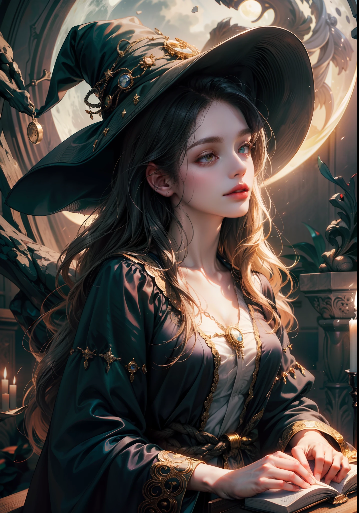 (best quality,4k,8k,highres,masterpiece:1.2),ultra-detailed,(realistic,photorealistic,photo-realistic:1.37),female witch,beautiful detailed eyes,beautiful detailed lips,extremely detailed eyes and face,long eyelashes,magic,enchanted forest,night scene,golden moonlight,flowing robe,witch hat,floating crystals,spellbinding gesture,glowing wand,mystical atmosphere,dark and mysterious,moonlit sky,full moon,crescent moon,magical glow,ethereal beauty,twinkling stars,witchcraft,colorful potions,magic spells,flying broomstick,hauntingly beautiful,spellbound owl,enchanted moonbeams,secret coven,whispering incantations,flickering candlelight,casting spells,ancient rituals,wisdom and power,magic book,unearthly charm,witch's cauldron,witch familiar,ancient symbols,divination tools,occult knowledge,crackling fire,moonlit silhouette