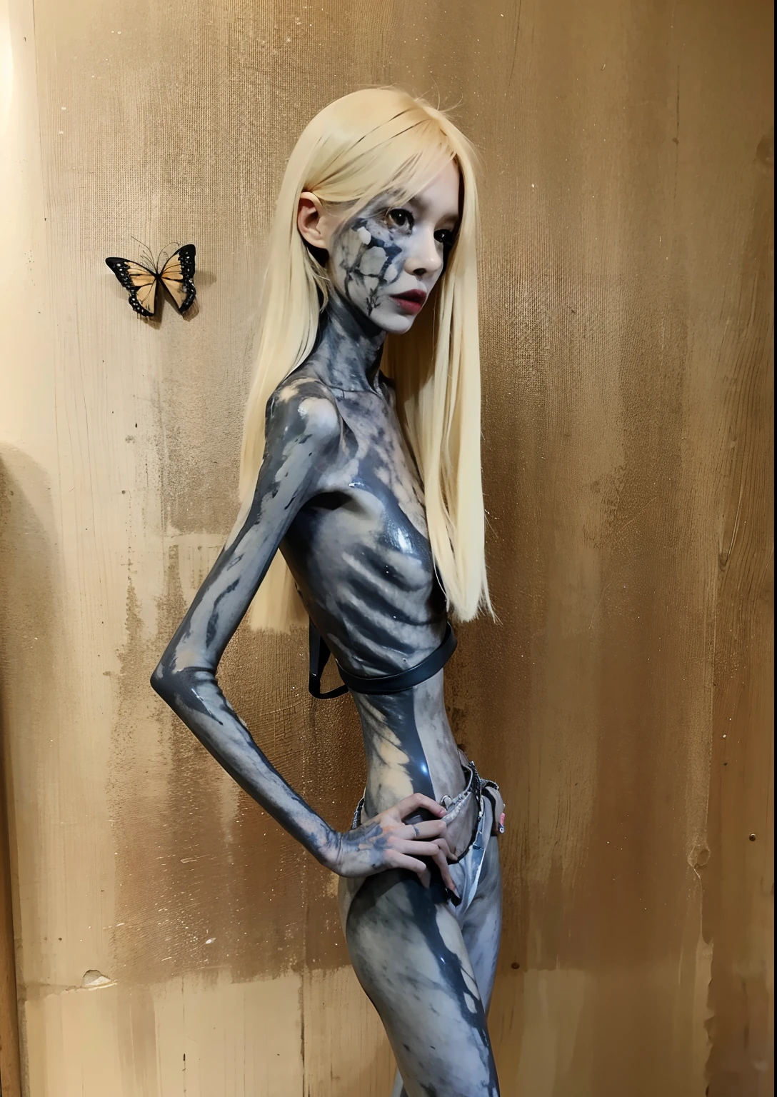 emaciated,the ribs,sternum,鎖骨,pelvic bone, big breasts thin waist,Thin leg,hunger,tight leather clothes,leather pant