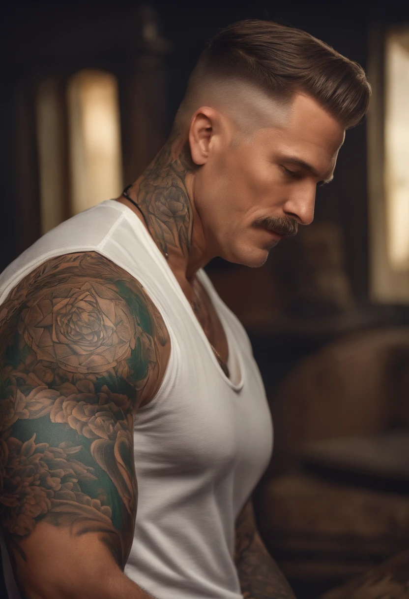 homem de aparentemente 39anos, white man with a military haircut on his arm tattooed with Camilly Victoria written on it, em formato Pixar