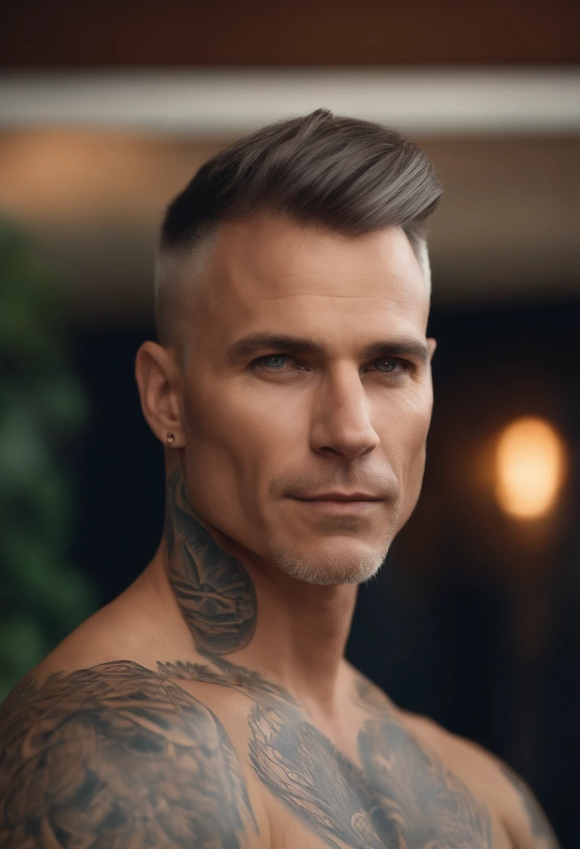 homem de aparentemente 39anos, white man with a military haircut on his arm tattooed with Camilly Victoria written on it, em formato Pixar