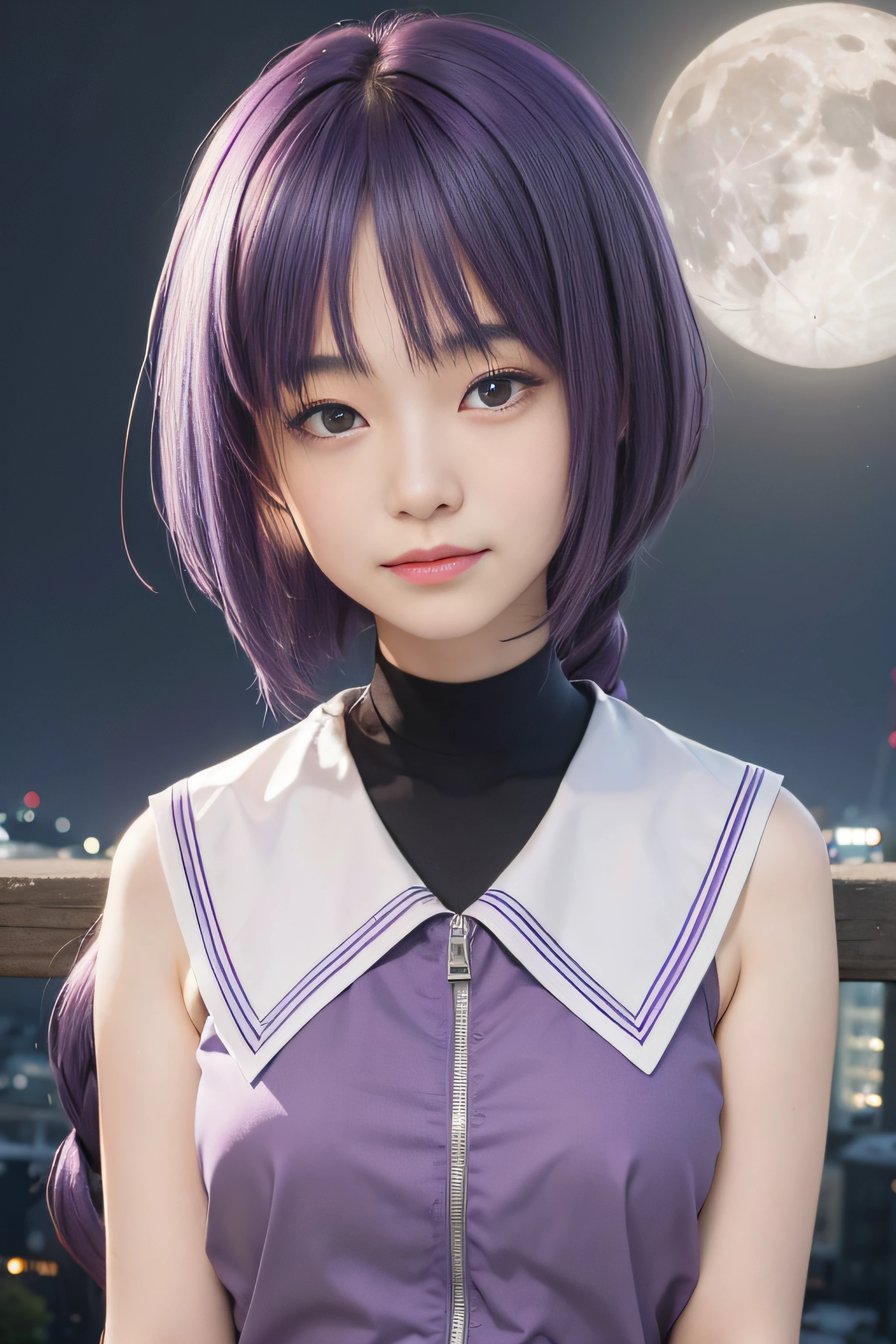 masterpiece, best quality, (realistic, photo-realistic:1.4), (RAW photo:1.2), extremely detailed CG unity 8k wallpaper, delicate and beautiful, amazing, finely detail, official art, absurdres, incredibly absurdres, huge filesize, ultra-detailed, extremely detailed, extremely detailed girl, extremely detailed eyes and face, light on face,moon,little smile,kakei sumire,(purple hair:1.3)