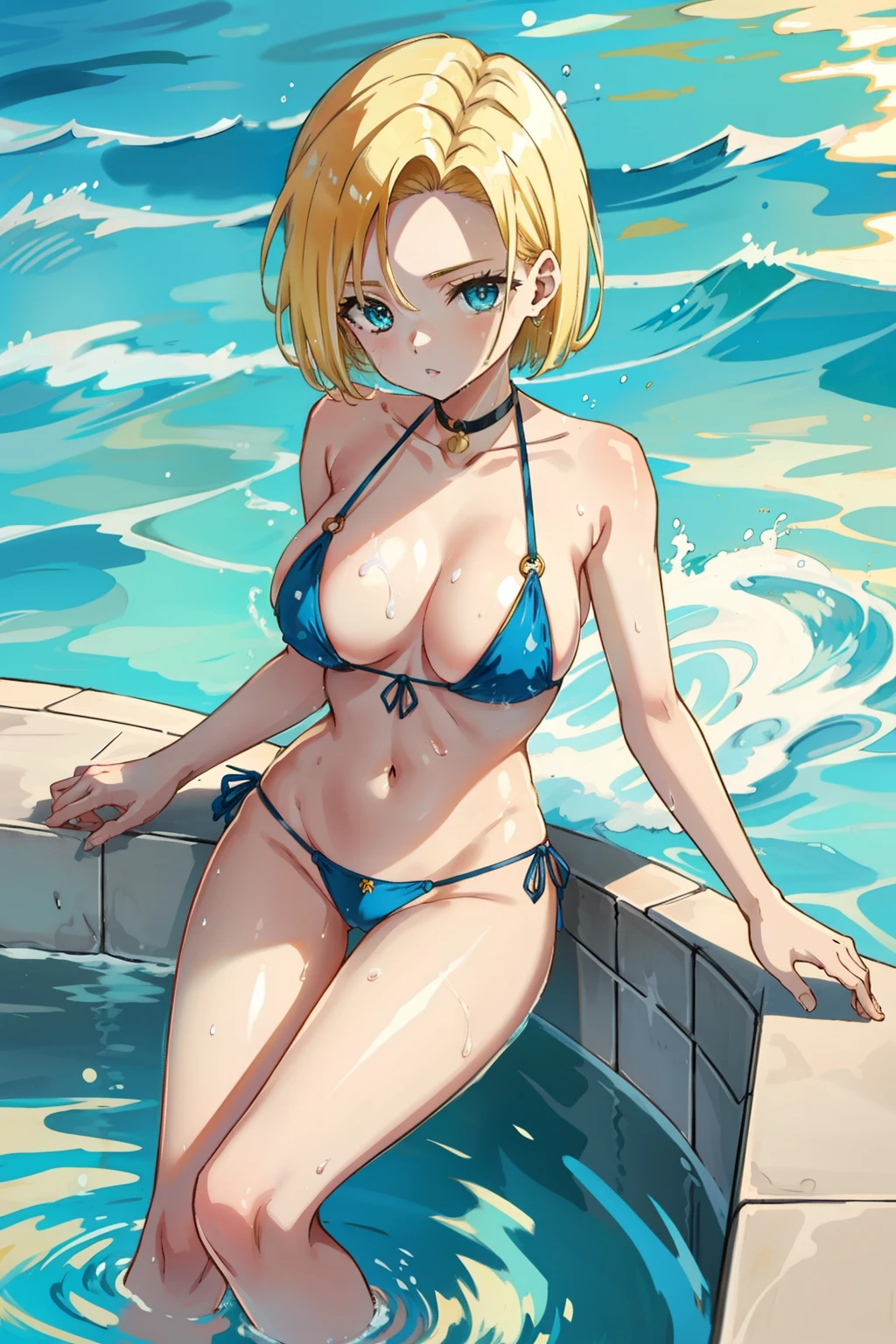 Android 18, seios grandes, Wet, sbikini, parte superior do corpo, O-Ring bikini, piscina, Olhando para o Viewer, separated-lips, short hair, bikini white, sozinho, clivagem, blonde hair, water, olhos azuis, 鎖骨, 1girl, Brincos, roupa de banho, Poolside, jewelries, O-Anel, anel nsfw