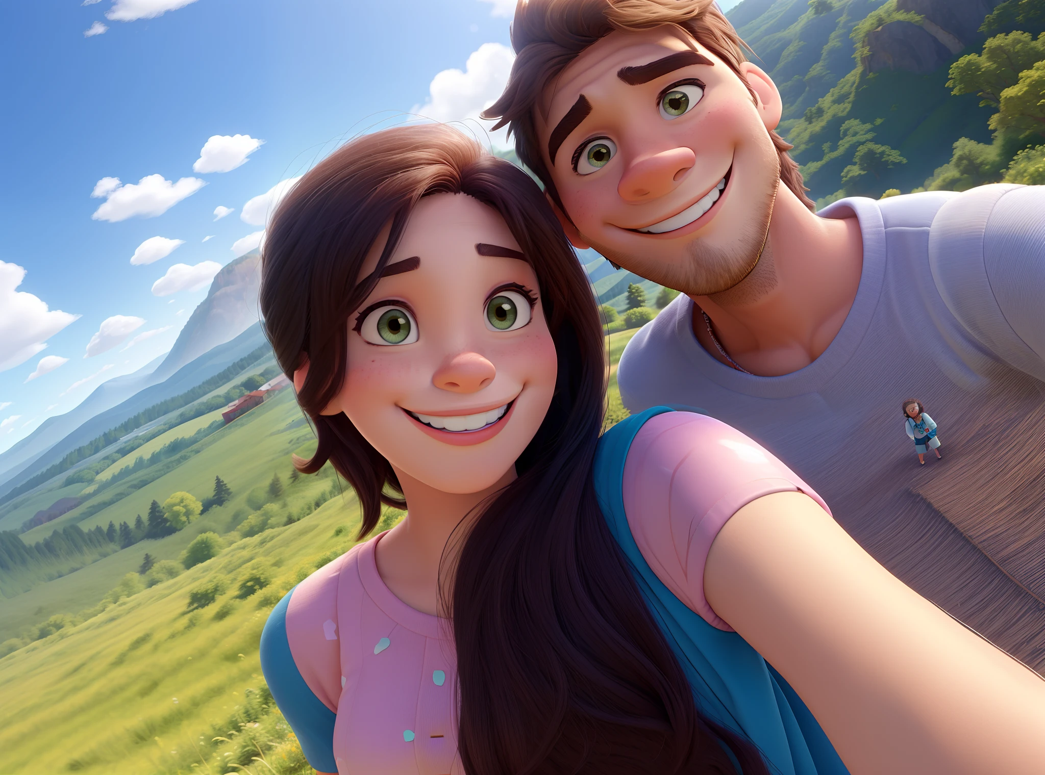 casal sorridente tirando selfie em um campo com montanhas ao fundo, imagem de perfil, vacation photo, casal sorridente, A couple in great quality and definition in the style of Disney pixar