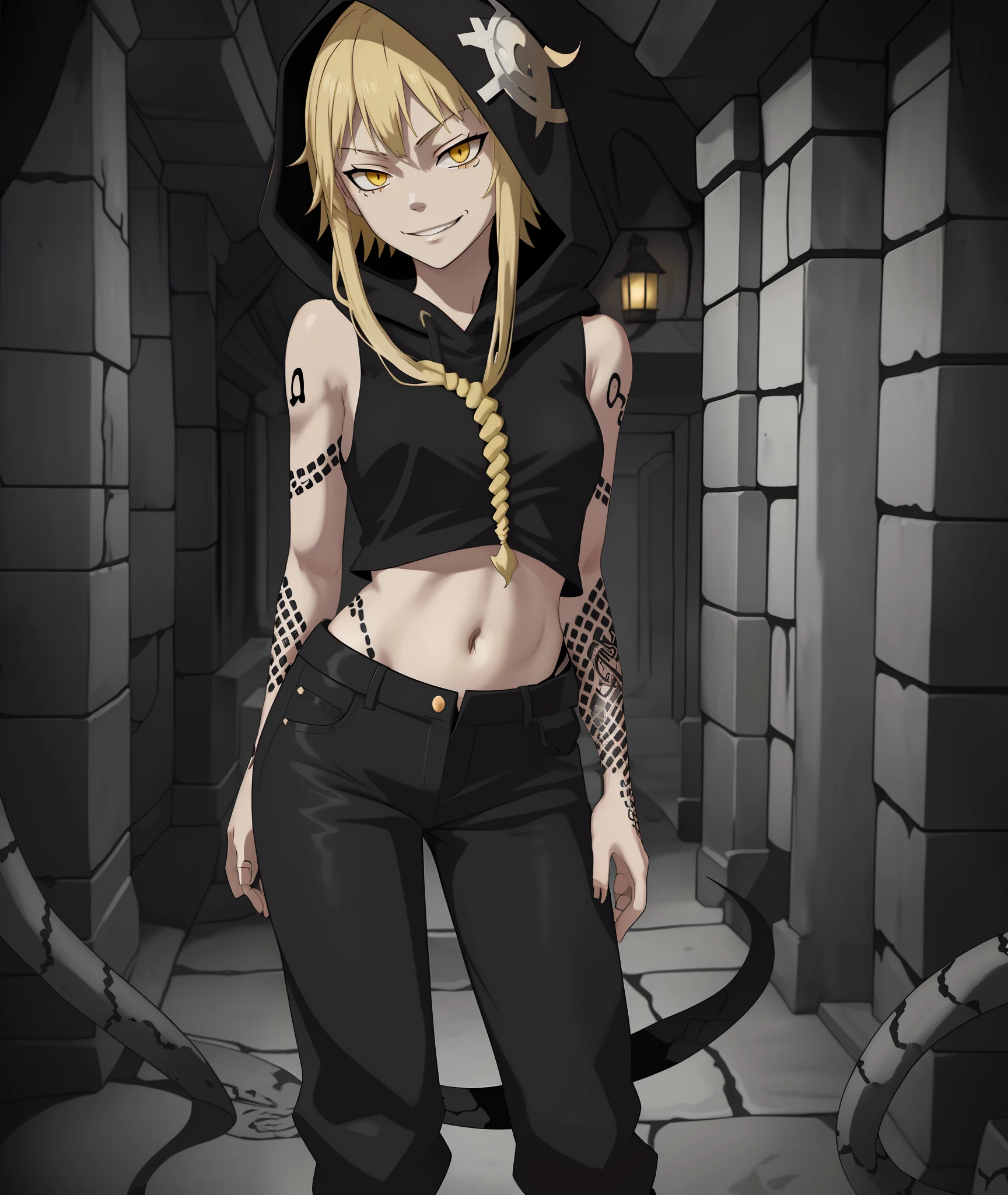 [medusa gorgon], [soul eater], [Uploaded to rule34.xxx; (kingmaster), (shosho_oekaki), (nekololisama)], ((masterpiece)), ((HD)), ((detailed shading)), ((1girl)), ((solo portrait)), ((cowboy shot)), ((front view)), ((full body)), ((cute anime girl)), {(slim figure), (blonde noose hair), (cute yellow eyes), (half-closed eyes), (snake tattoos), (small boobs), (gorgeous hips), (beautiful feet), (smug grin)}, {(black hood), (sleeveless shirt), (black pants)}, {(standing), (looking ahead)}, [background; (cave), (nighttime), (dark lighting), (ambient lighting)]