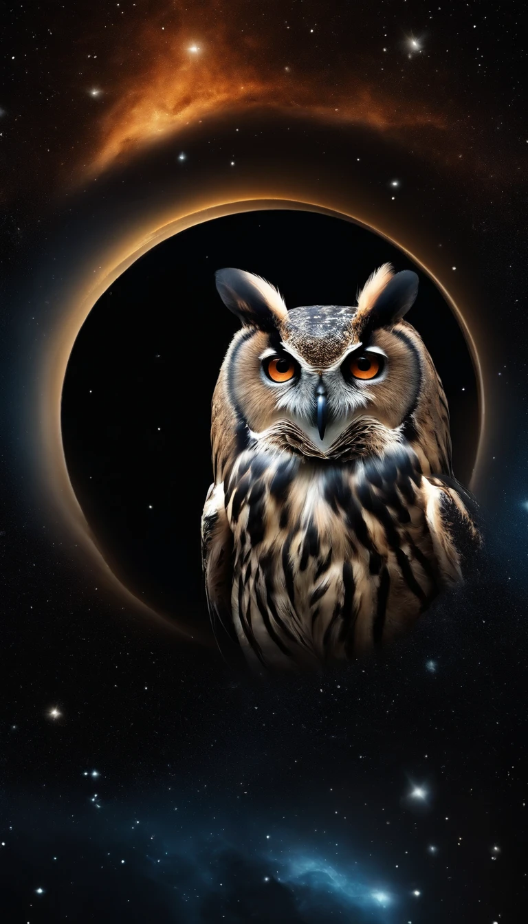 an owl,Consists of a gaseous nebula,Full owl image,Blank background,Burst,Black glittering starry sky droplets,abstract artistic,Biomechanical,Black Nebula Oil,Behind him is an open one, Finely carved doors,Black viscous balls of liquid oil,Rush out through the open door,Starcloud,black hole,starrysky,chessboard,pane,Petroleum liquid balls,
