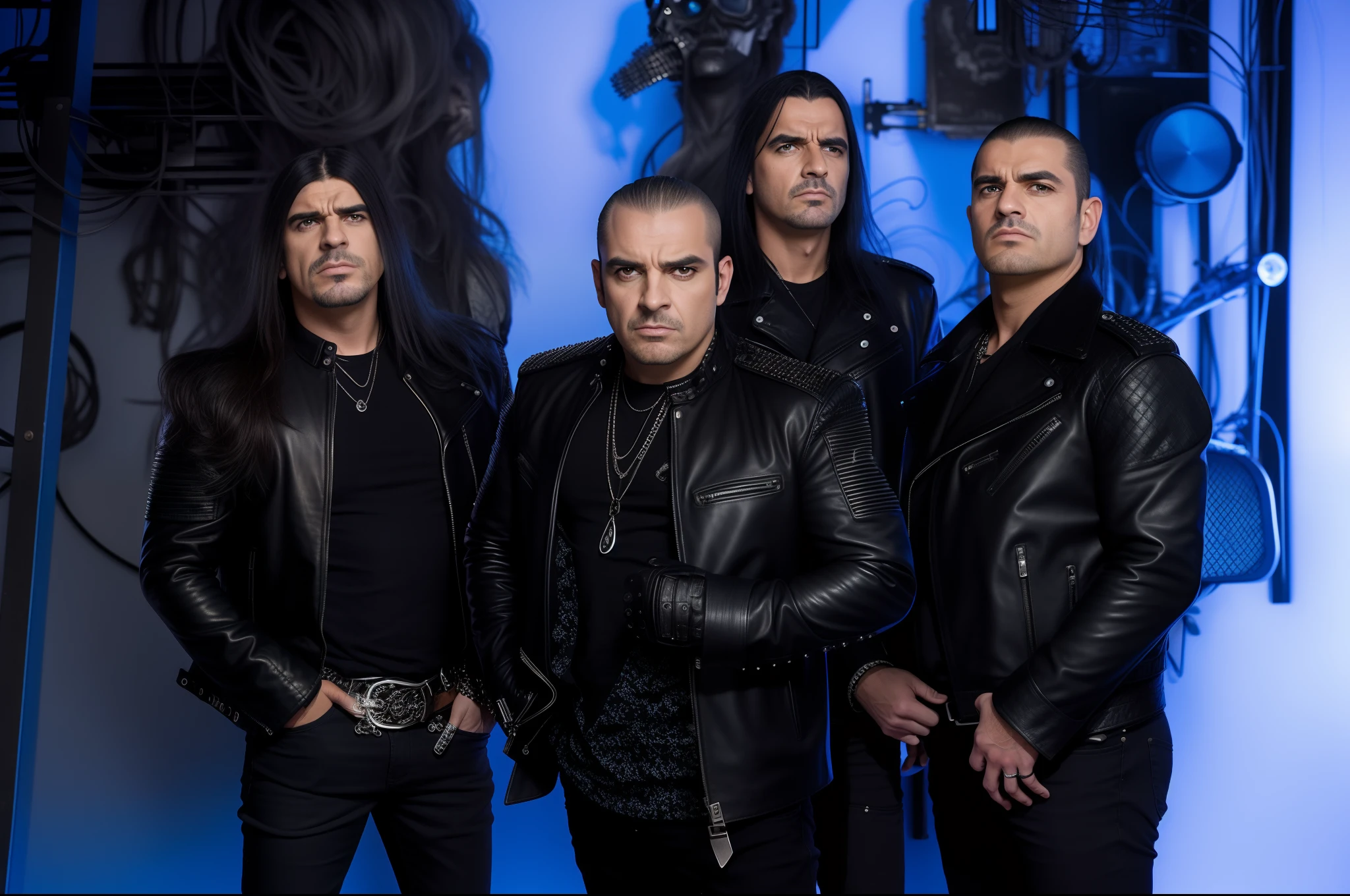 group of men in leather jackets standing in front of a blue background, Foto promocional da banda de rock pesado, new wave of british heavy metal, Promo da banda de heavy metal, Proto - Banda de Metal Promo, perturbado, menacing stare, metal escuro, apocalytic, olhar intenso, dramatic artwork, looking threatening, Foto de um ensaio promocional, looking menacing, fantasia moderna