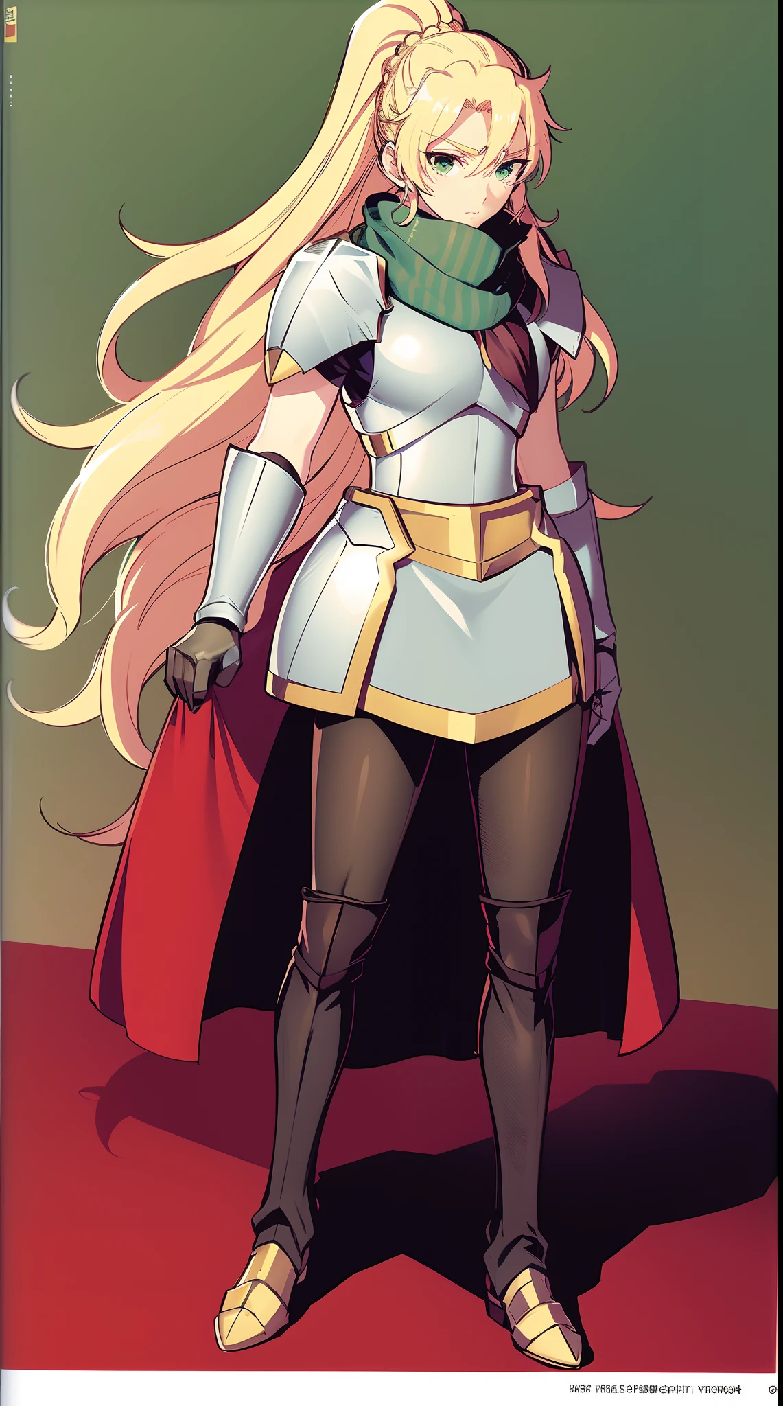 skirt vest, pantyhose, ponytail, long hair, blond hair, knight, medium breast,alicetaria february, green eyes,, walking, lance holding, cape, scarf