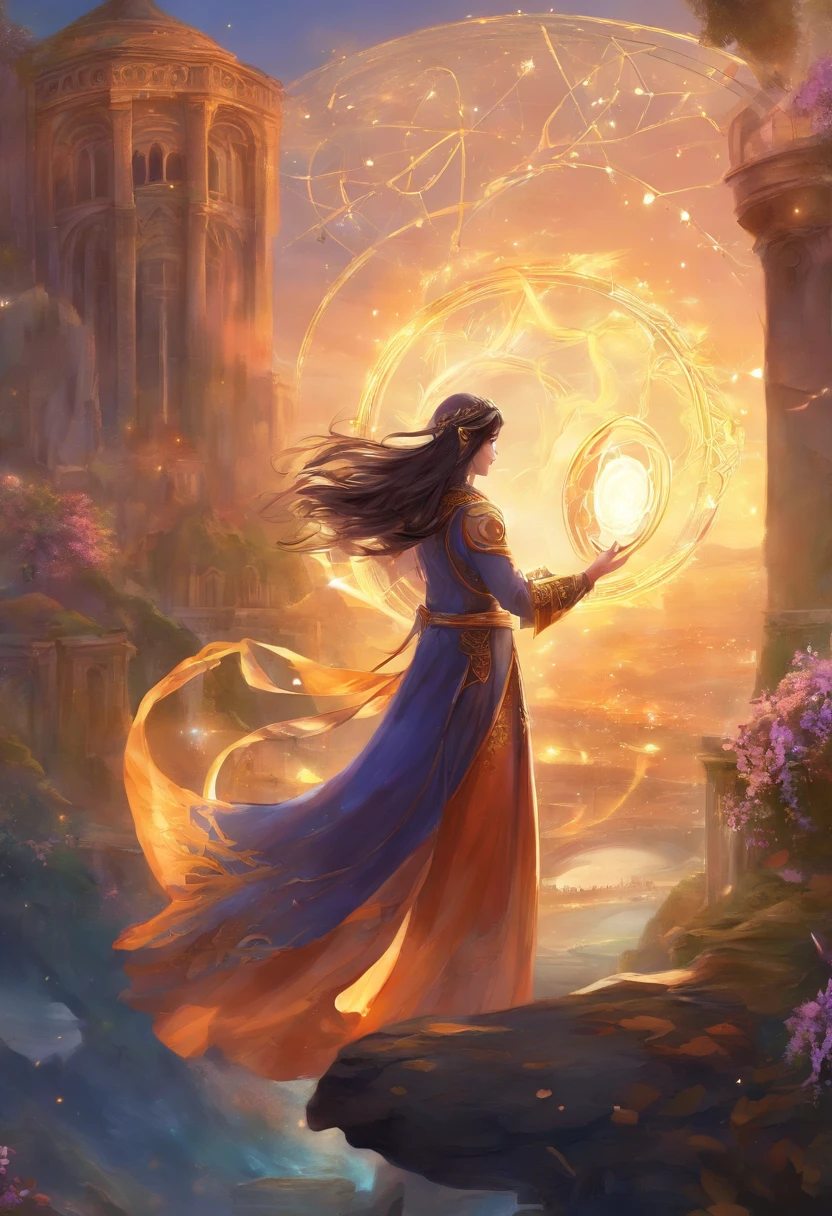 animesque、illustratio、cartoon、Back view of a boy unfolding a magic circle、Six-pointed Star Magic Circle、Hands and fingers in full shape、rune、Golden eyes、A dark-haired、Black robes fluttering in the wind、Vibrant poses、Light Effects、Fantasy old townscape、Ultra-high definition illustrations